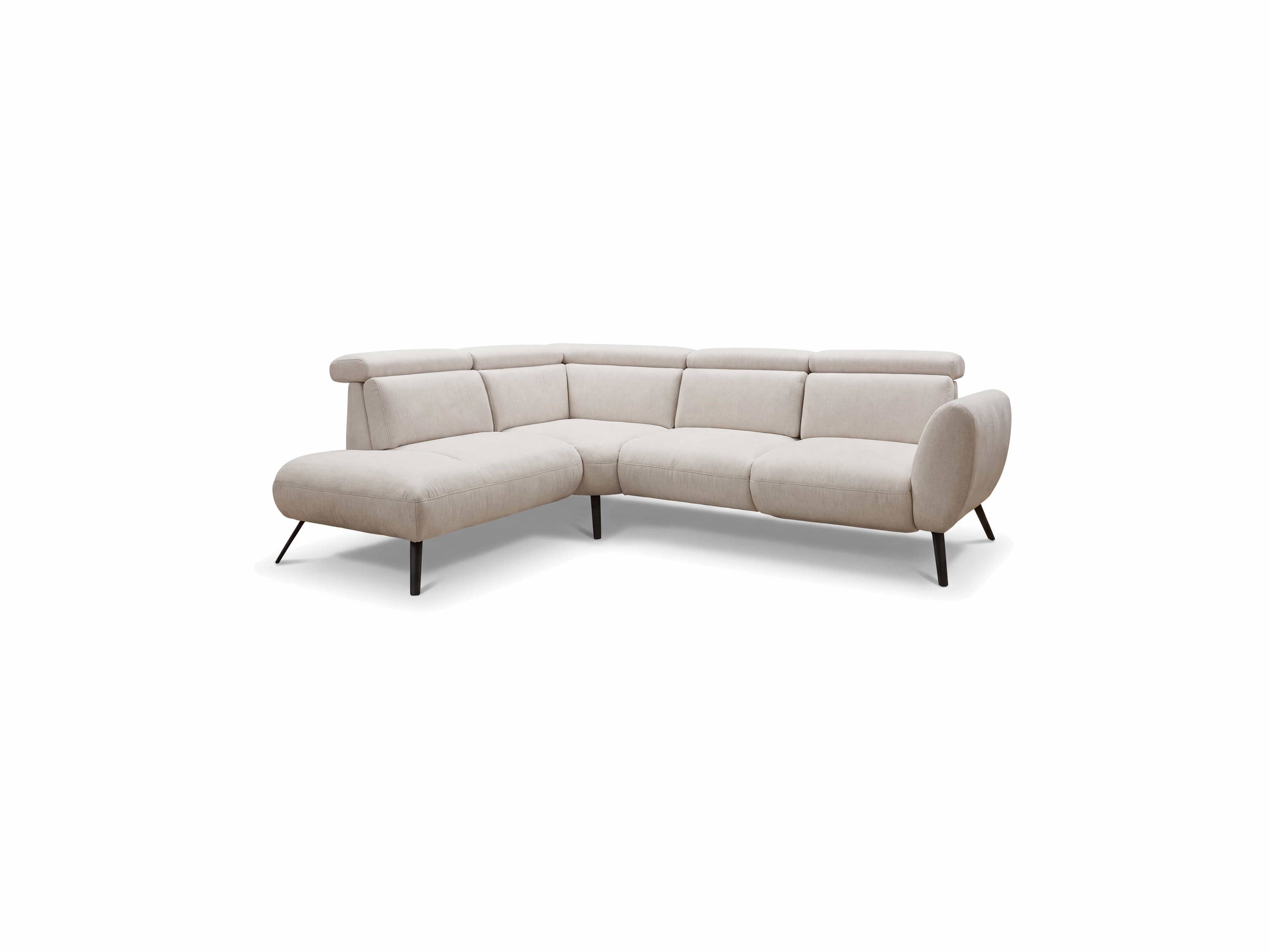 Ecksofa Kabs mit beigem Stoffbezug, hoher Rückenlehne, abgerundeten Armlehnen und schwarzen Füßen
