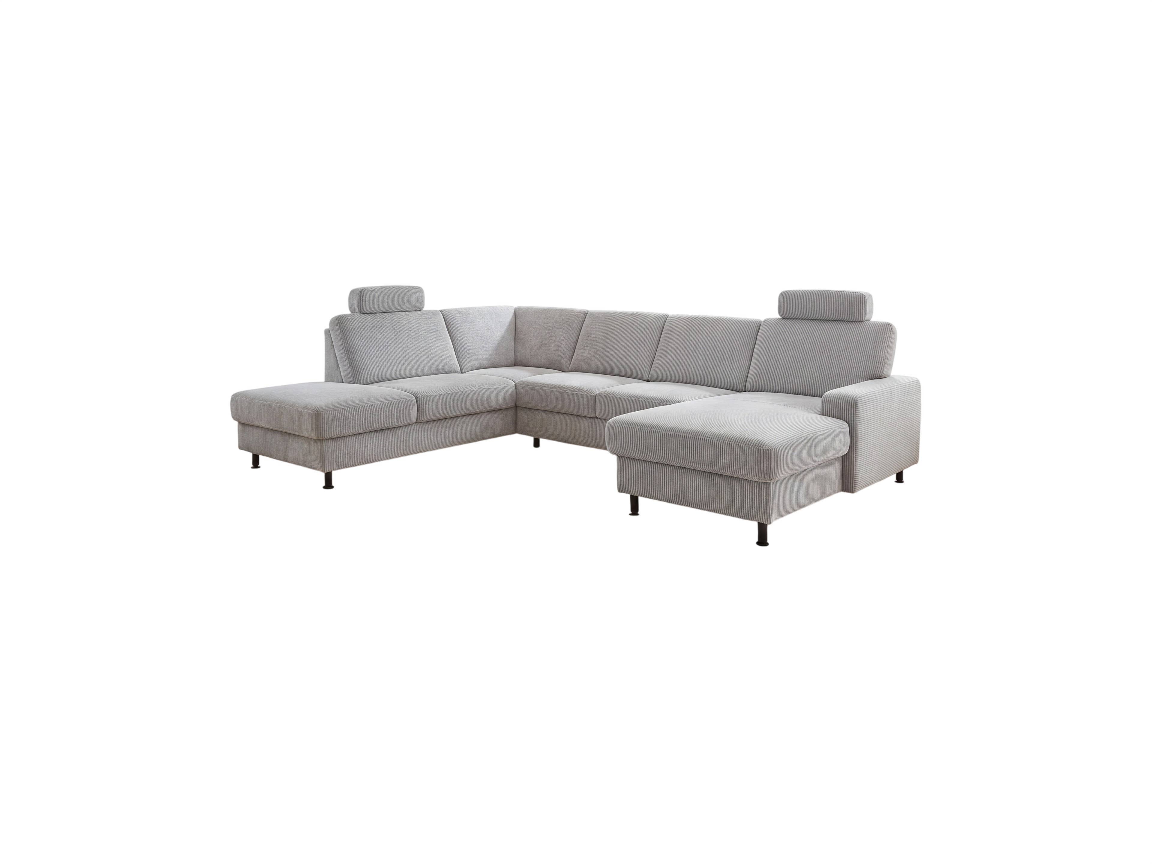 Ecksofa Cerry mit grauem Cordbezug, L-Form, zwei Kopfstützen, rechte Armlehne, schwarze Füße