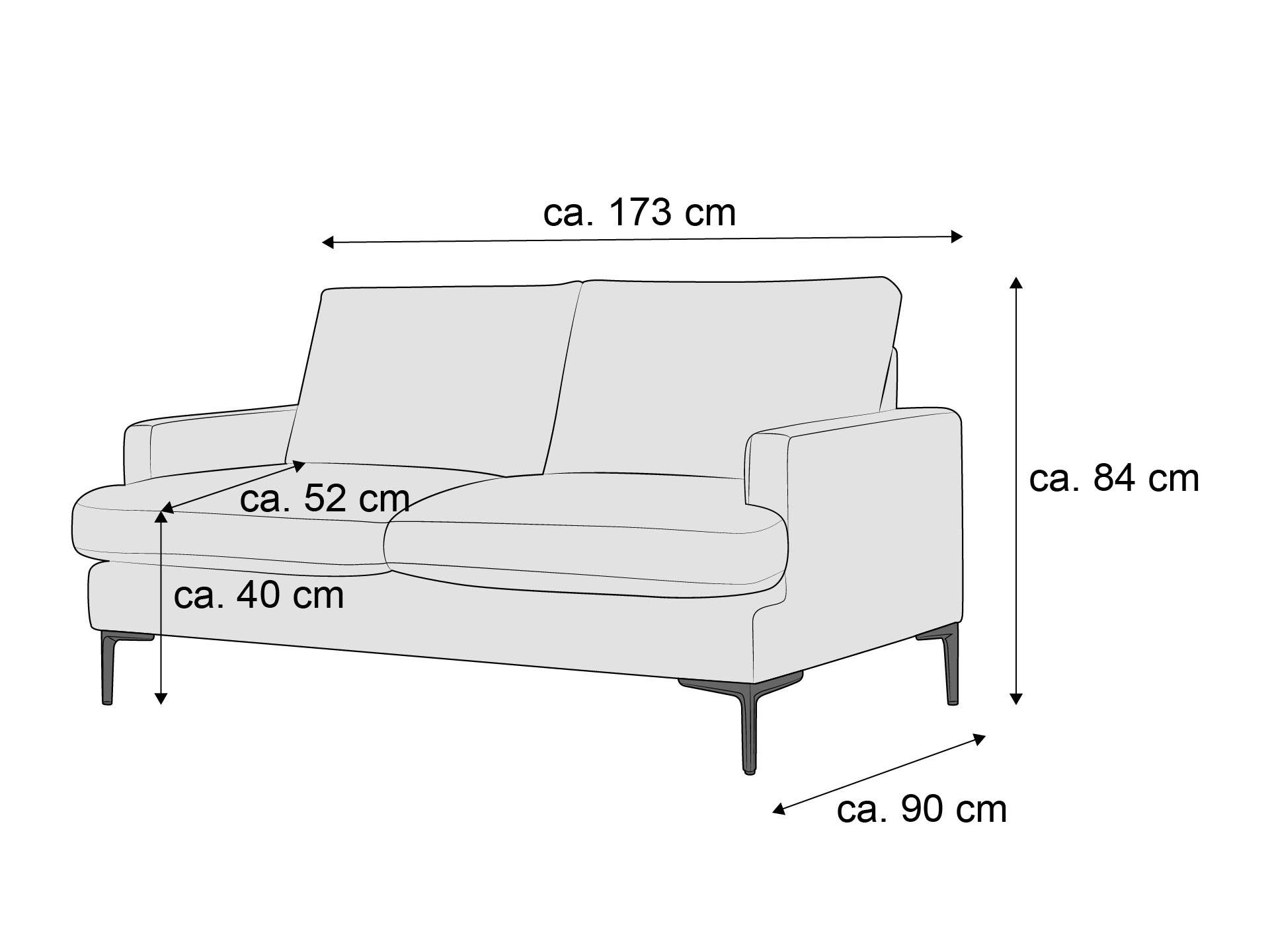 2-Sitzer Sofa mit Stoffbezug, geraden Armlehnen, zwei Rückenkissen und schmalen Metallfüßen