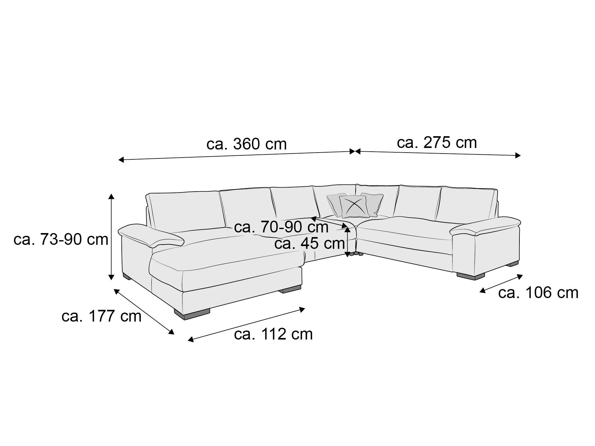 Ecksofa mit zwei Armlehnen, gepolstertem Bezug, kubischer Form und sichtbaren Blockfüßen