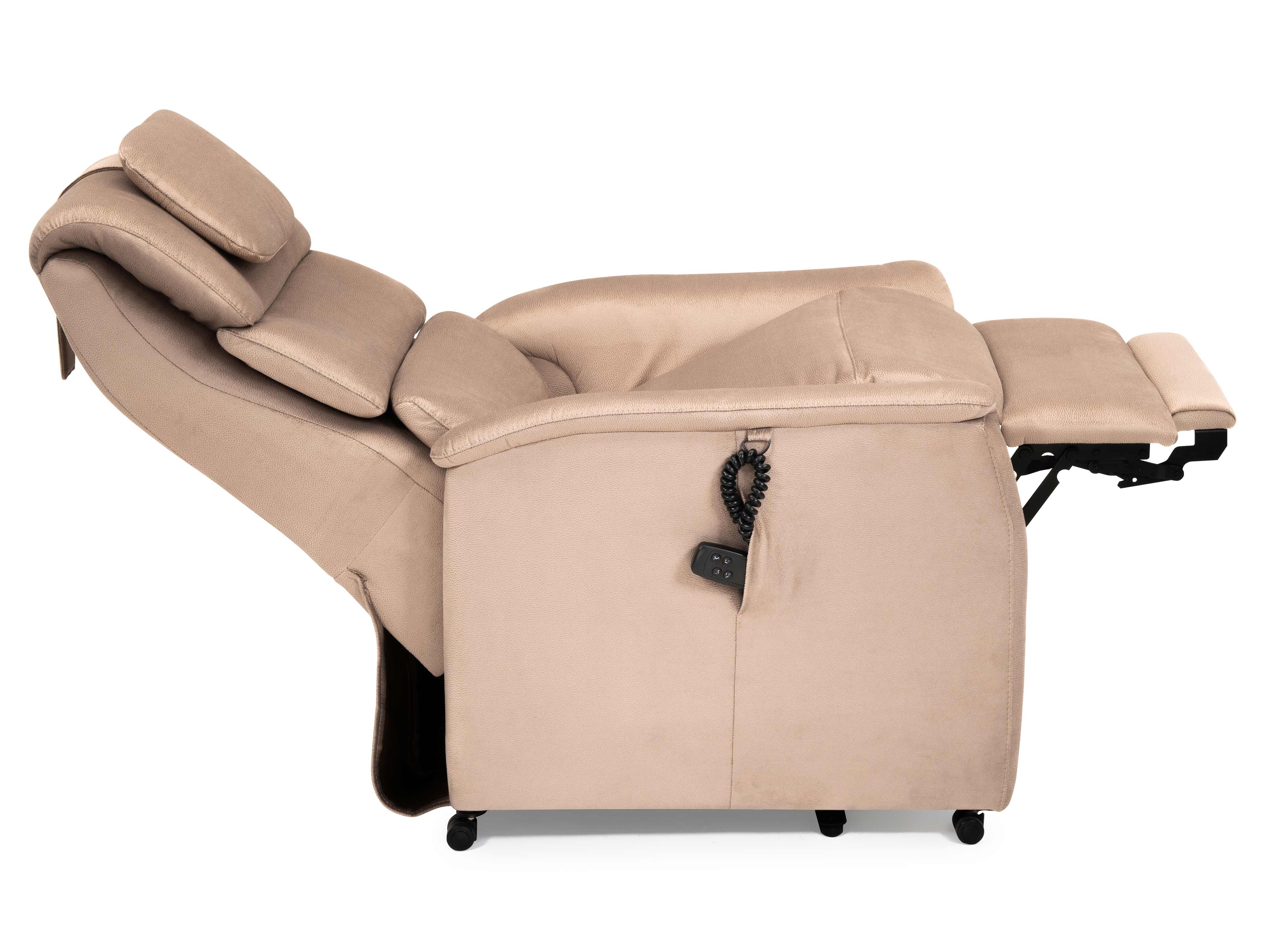 Relaxsessel Kabs in Beige mit gepolstertem Stoffbezug, elektrischer Verstellung und Rollen