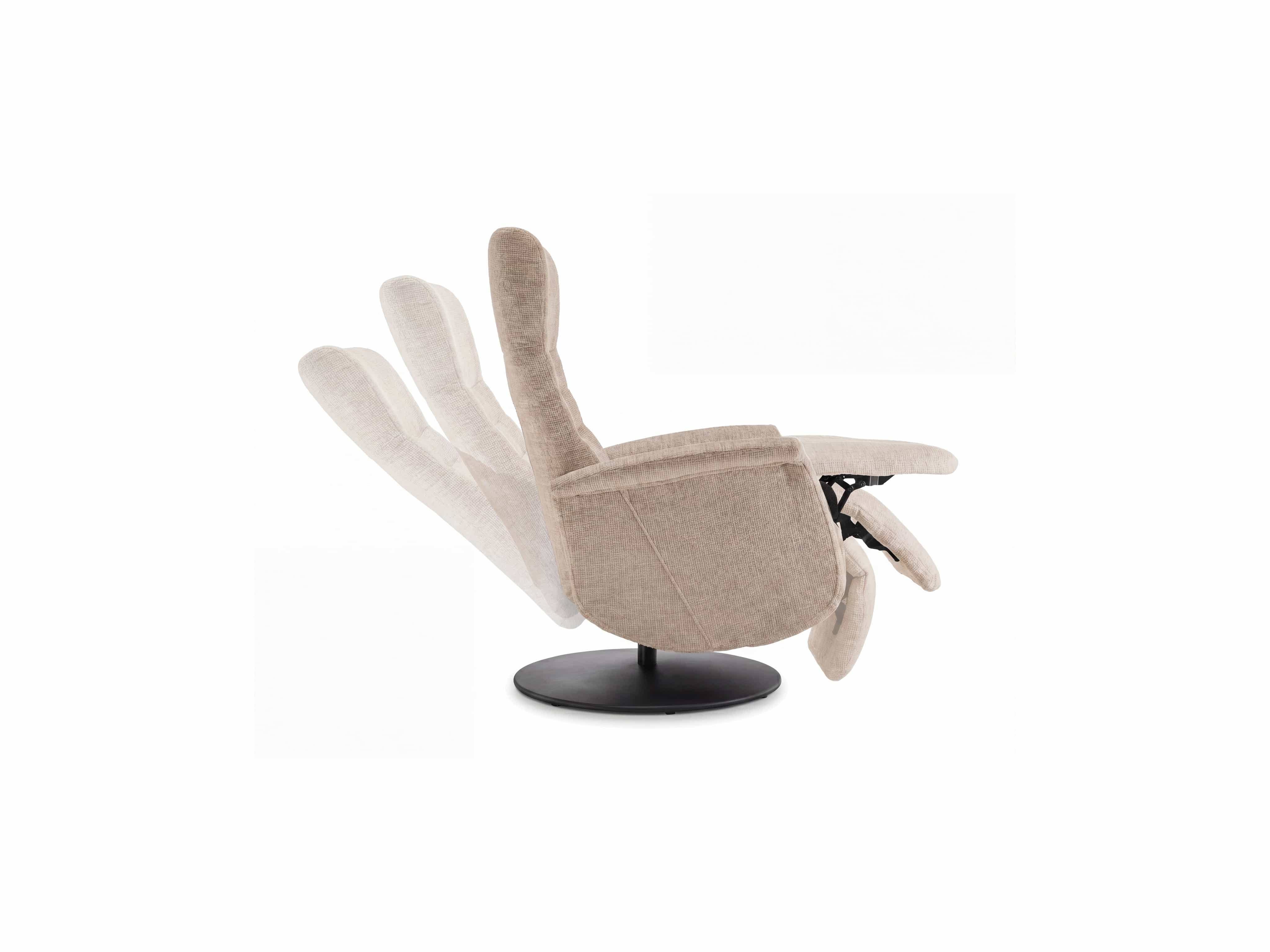 Relaxsessel in Beige mit Stoffbezug, runder schwarzer Drehteller, verstellbare Rückenlehne und Fußteil