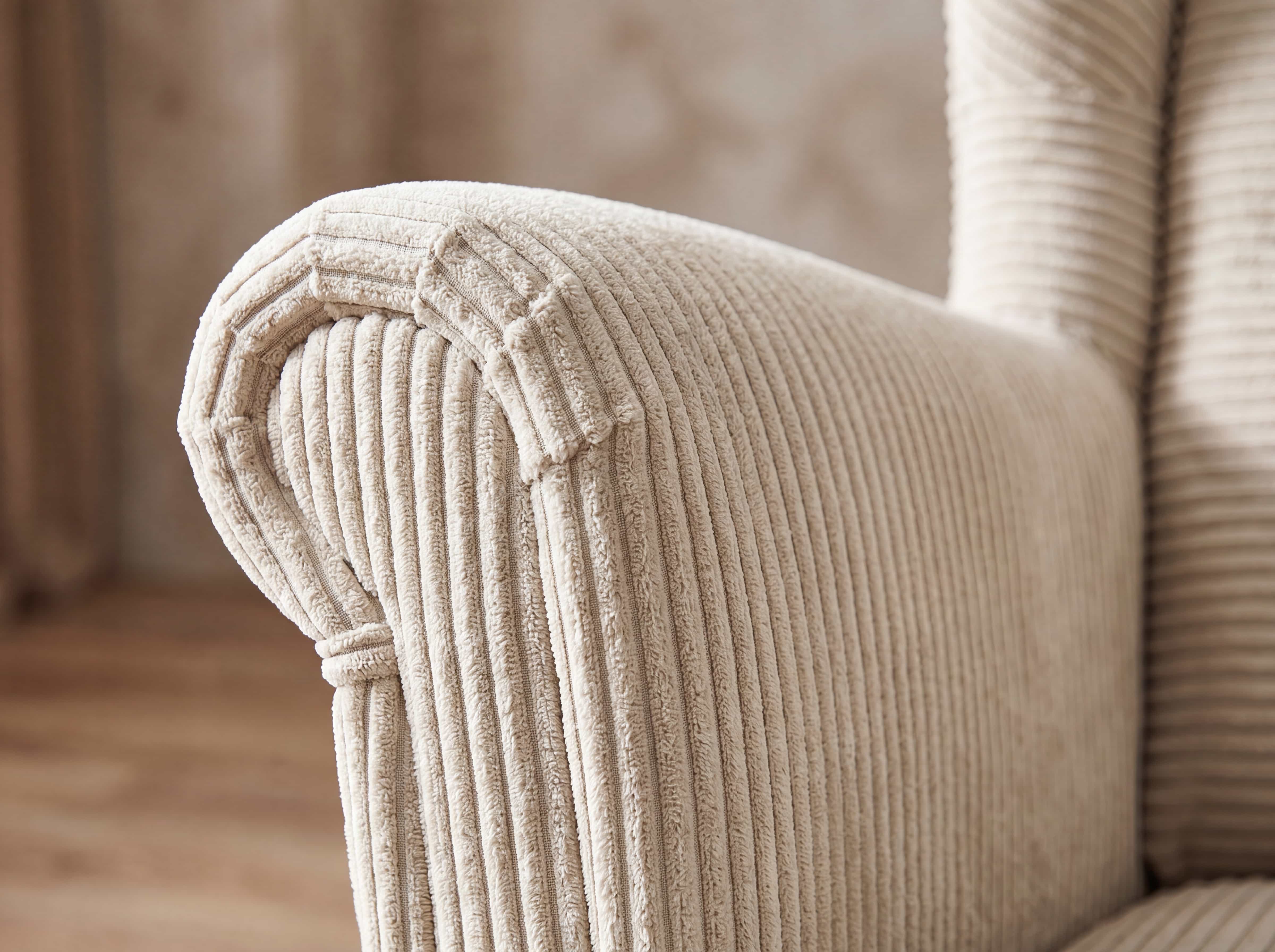 Armlehne eines Sofas aus beigem Cordstoff mit markanter Rundung und sichtbarer Rillenstruktur