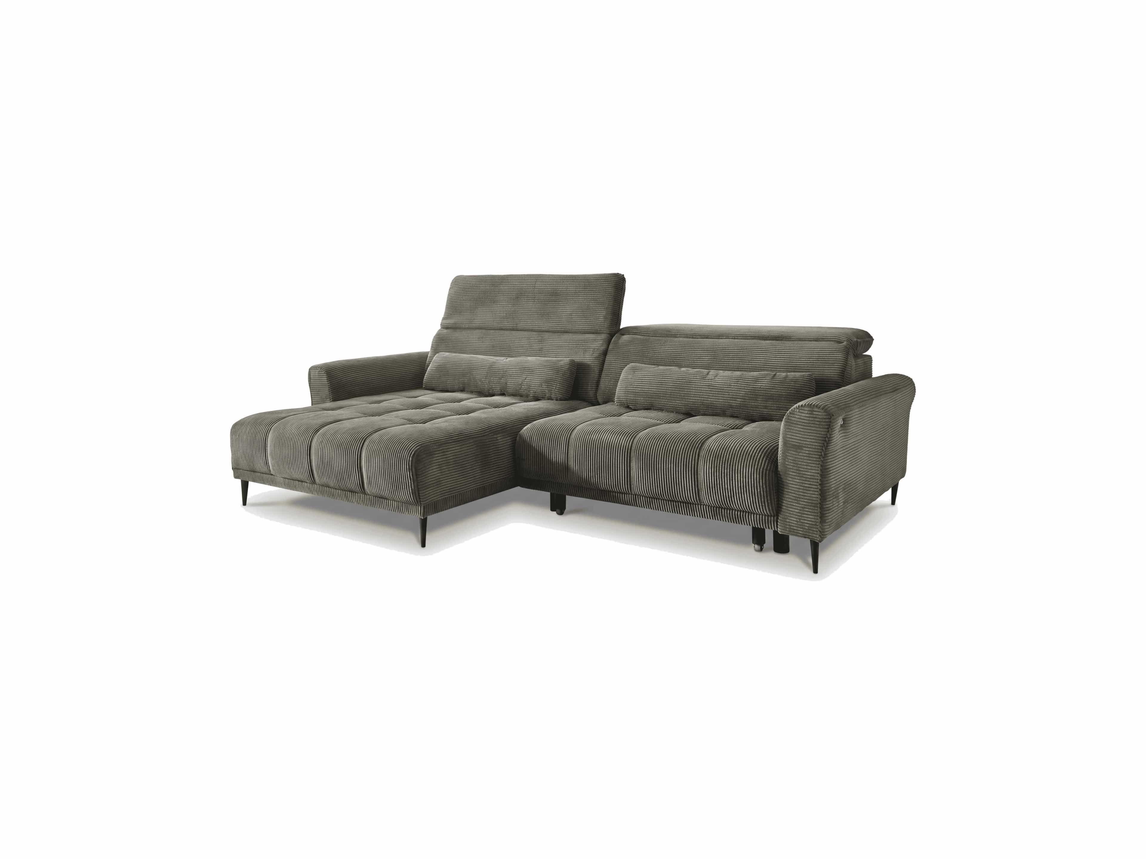 Ecksofa Nevada mit grauem Cordbezug, Armlehnen, gepolsterter Sitzfläche und schwarzen Füßen