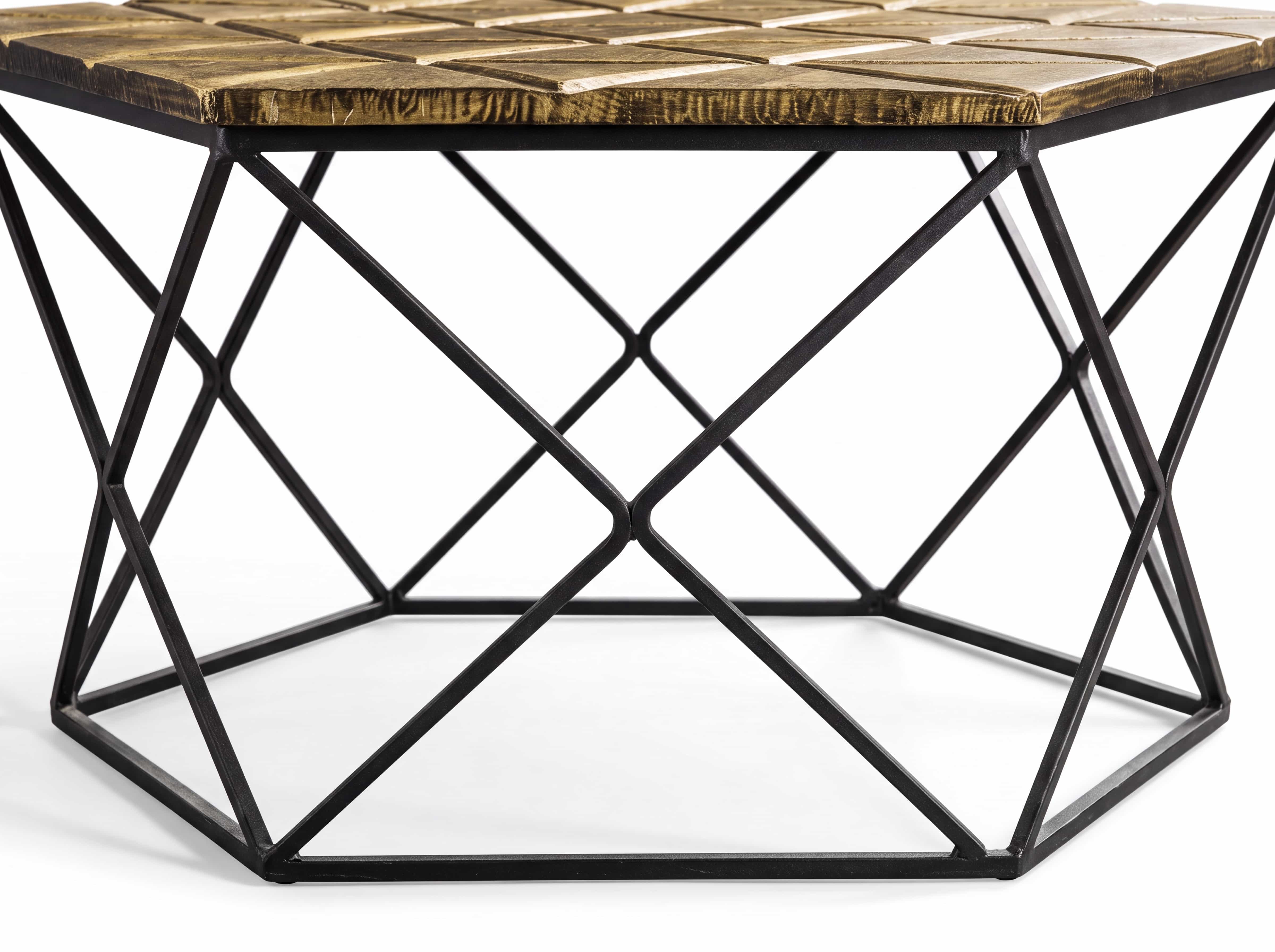 Couchtisch mit sechseckiger Holzplatte in Braun und schwarzem, geometrischem Metallgestell