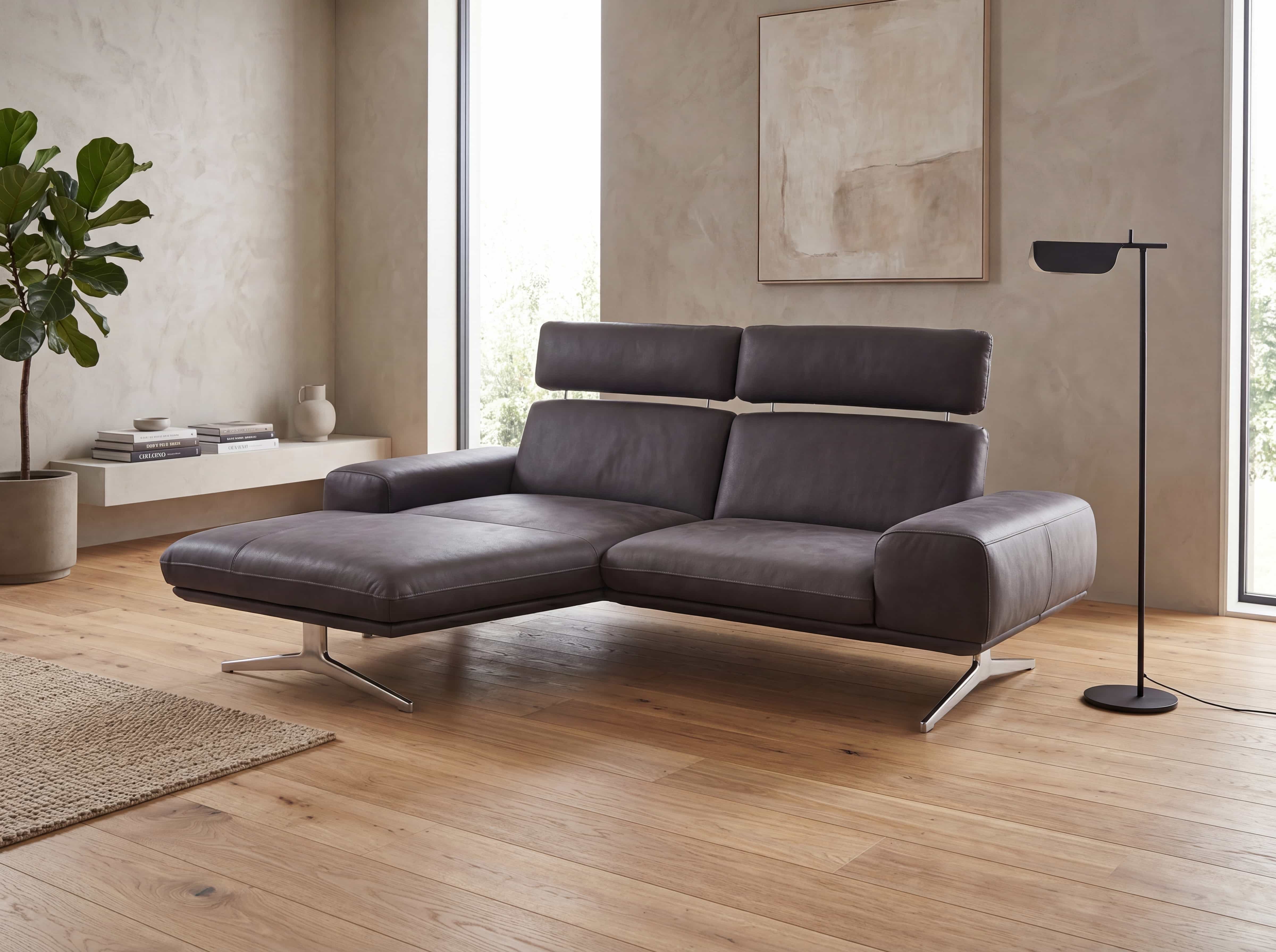 Ecksofa Kabs Polsterwelt aus dunkelgrauem Leder mit verstellbaren Kopfstützen und Metallfüßen