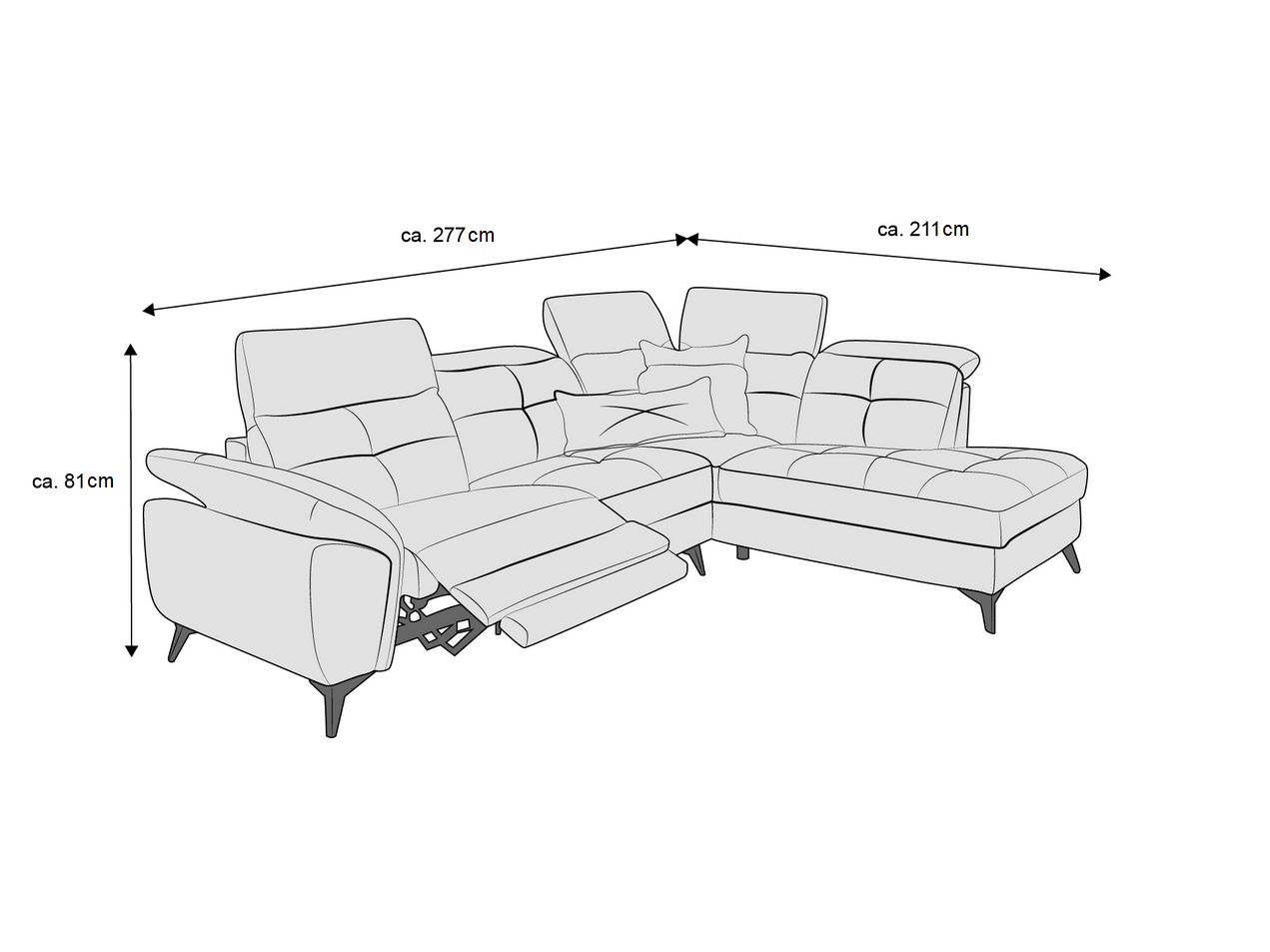 Ecksofa mit verstellbarer Relaxfunktion, gepolsterten Rückenlehnen, Armlehnen und sichtbaren Sofafüßen