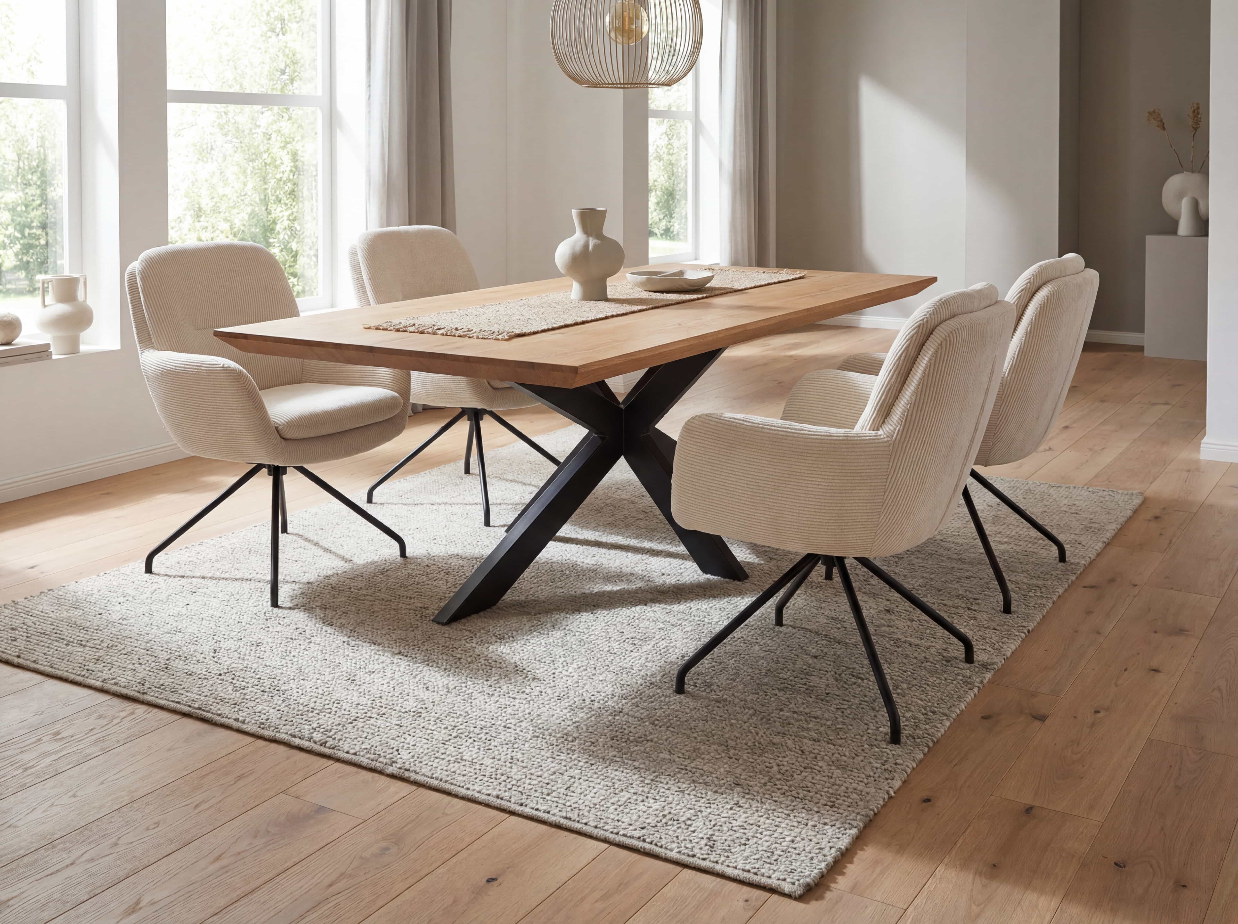 Esstisch mit rechteckiger Holzplatte und schwarzem Metallgestell, umgeben von vier Armlehnstühlen in Beige