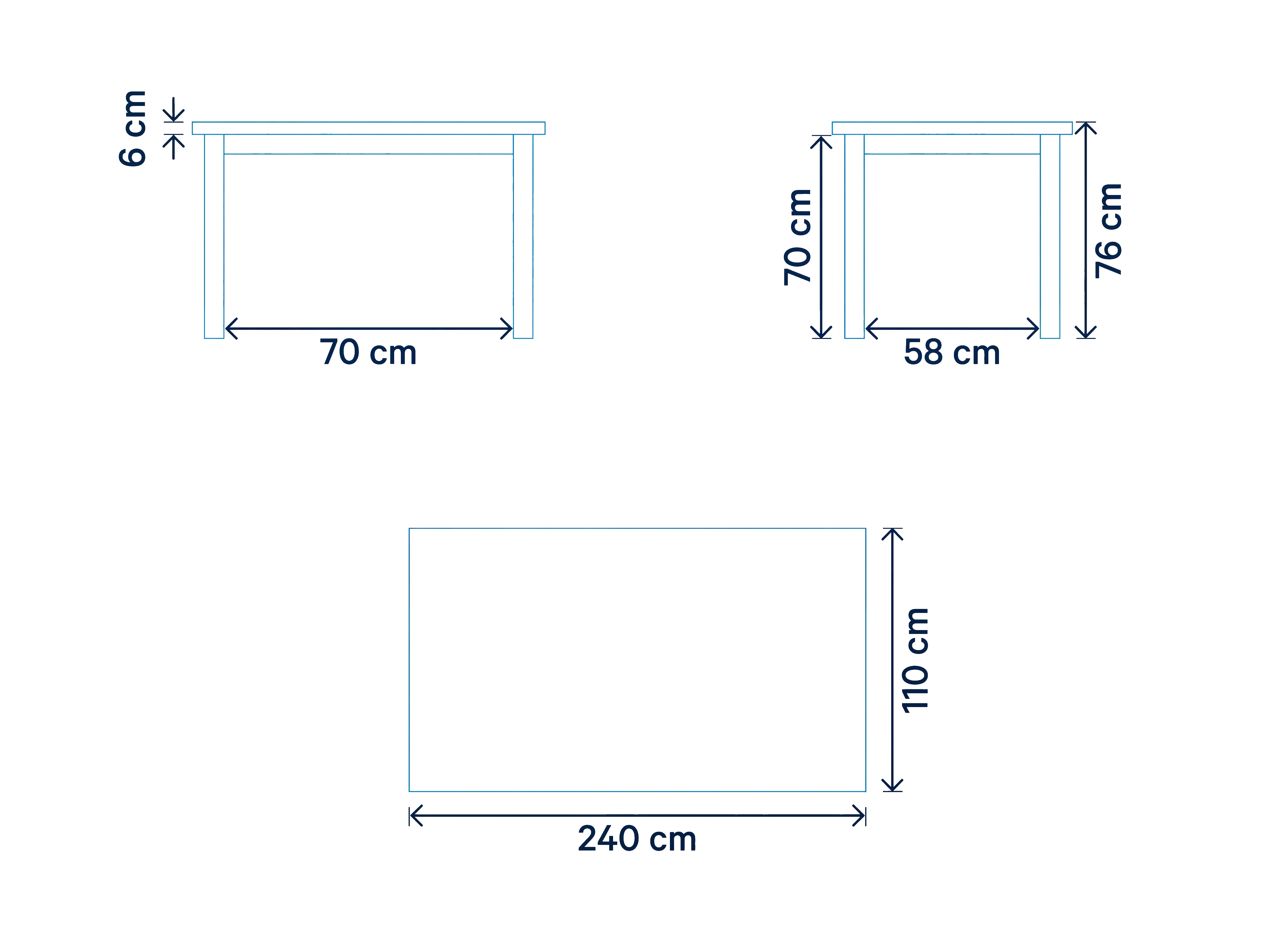 Technische Zeichnung eines rechteckigen Esstisches mit Maßen 240 x 110 cm und 6 cm starker Tischplatte
