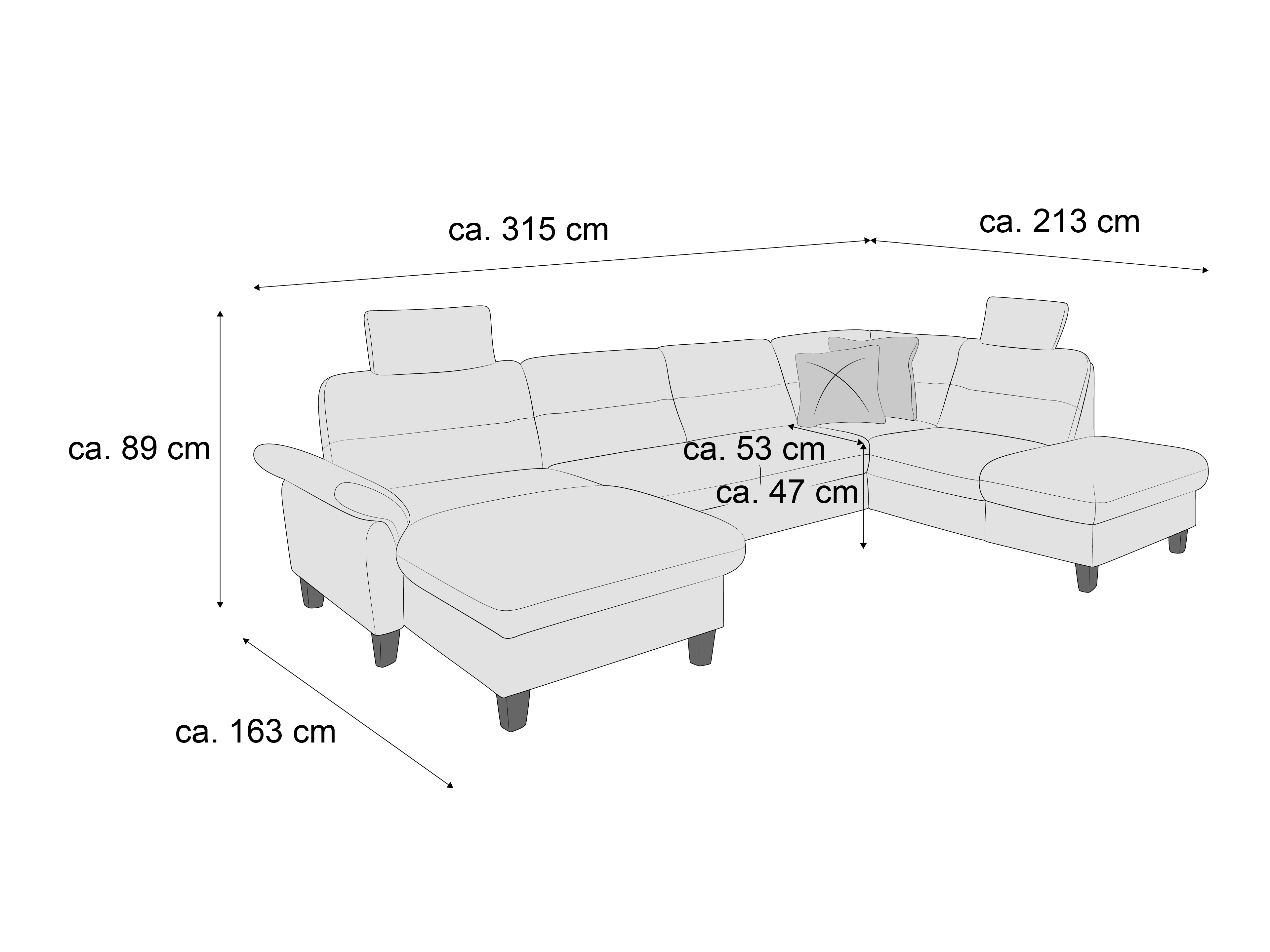Ecksofa mit Stoffbezug, verstellbaren Kopfstützen, Armlehne links, sichtbaren Holzfüßen, L-Form