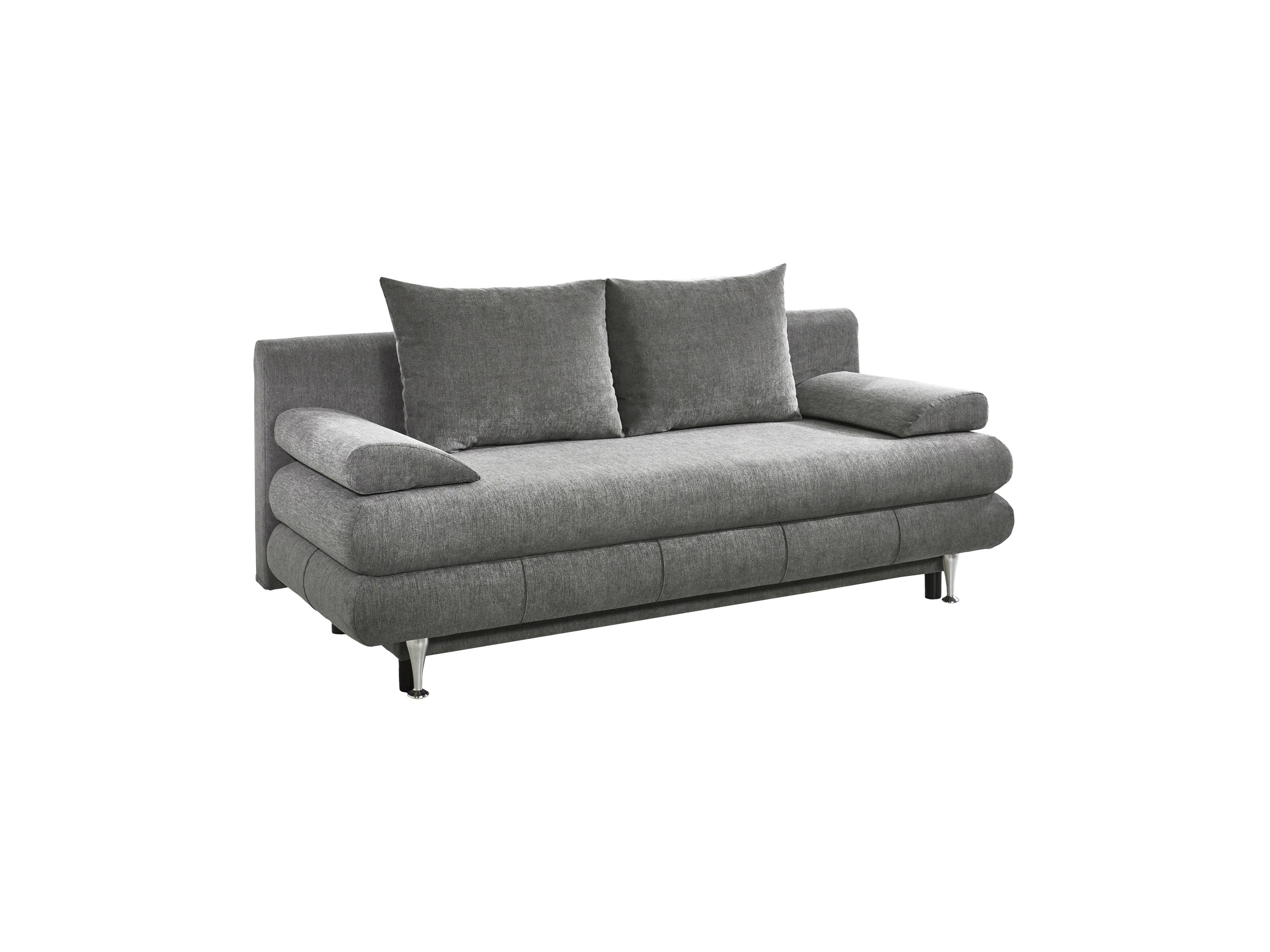 3-Sitzer Sofa Lido mit grauem Stoffbezug, zwei Rückenkissen, breiten Armlehnen und Metallfüßen
