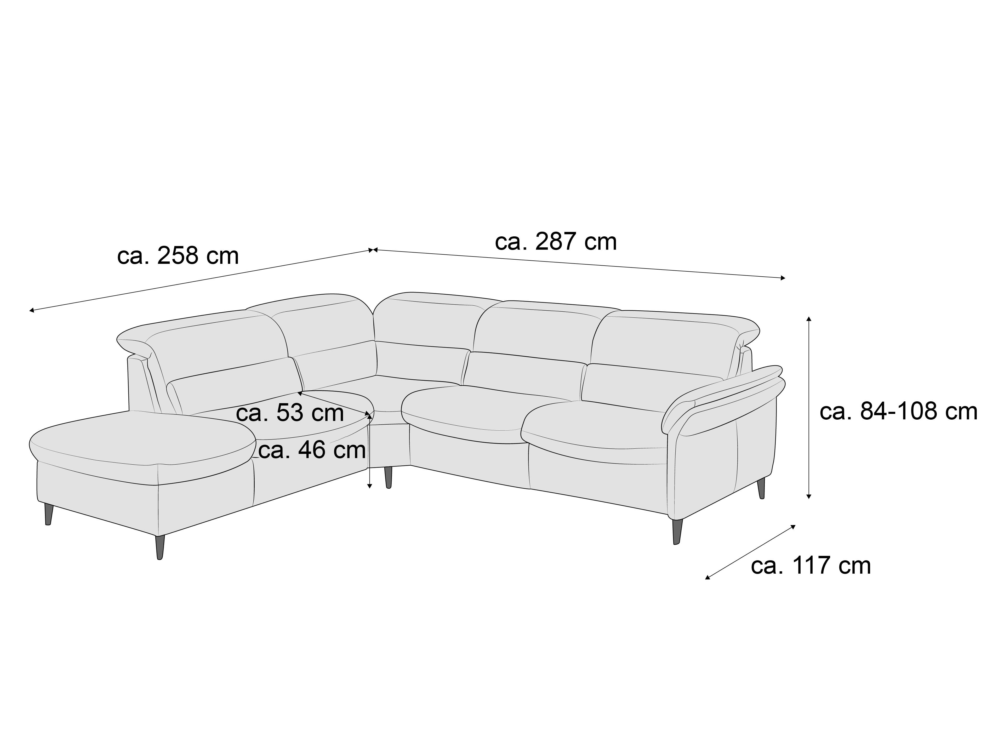 Ecksofa Harisa – Maßzeichnung in L-Form mit Armlehnen, Rückenkissen und sichtbaren Sofafüßen