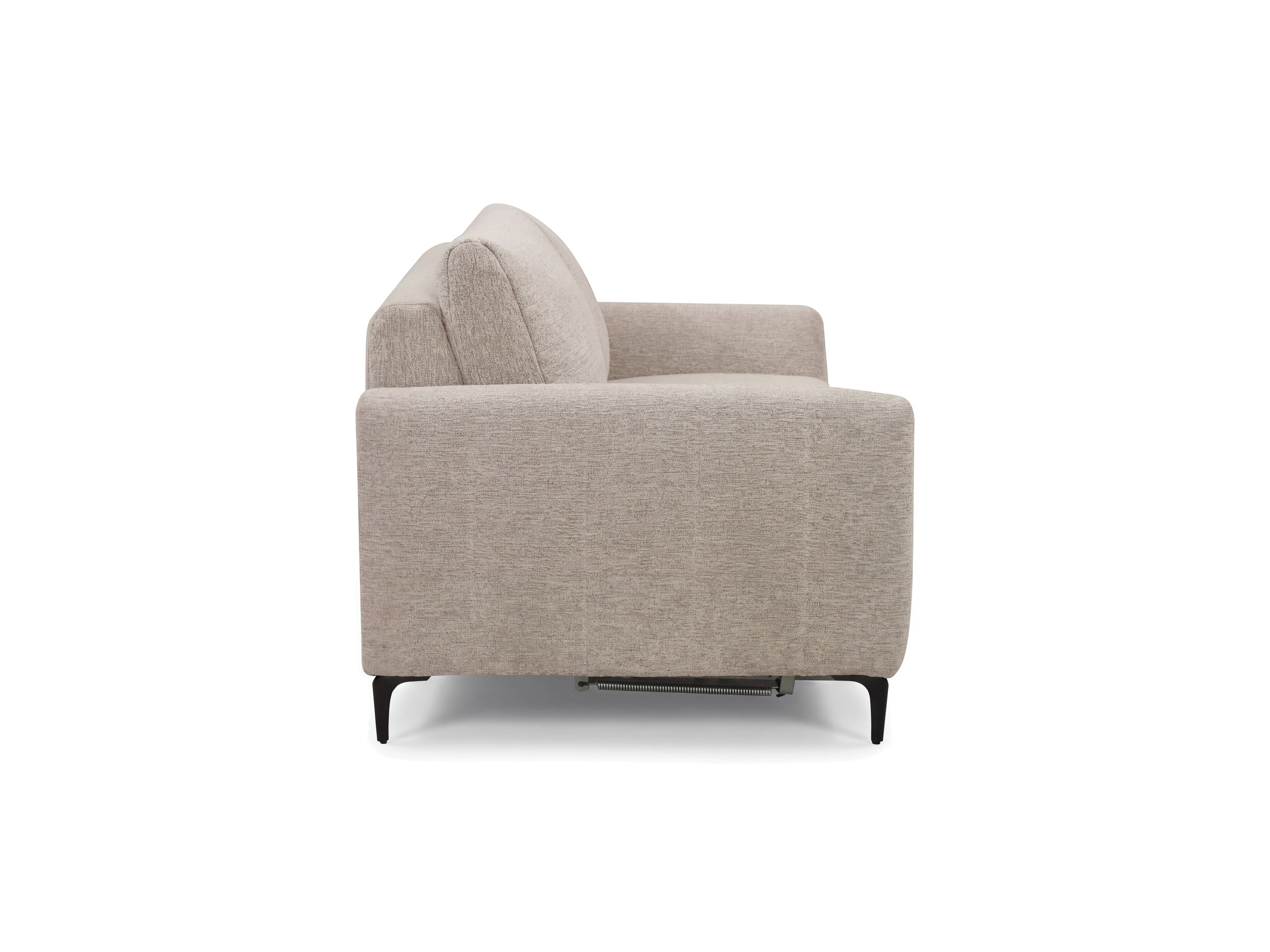 2-Sitzer Sofa Atlanta aus beigem Stoff mit seitlicher Armlehne und schwarzen Füßen, Seitenansicht