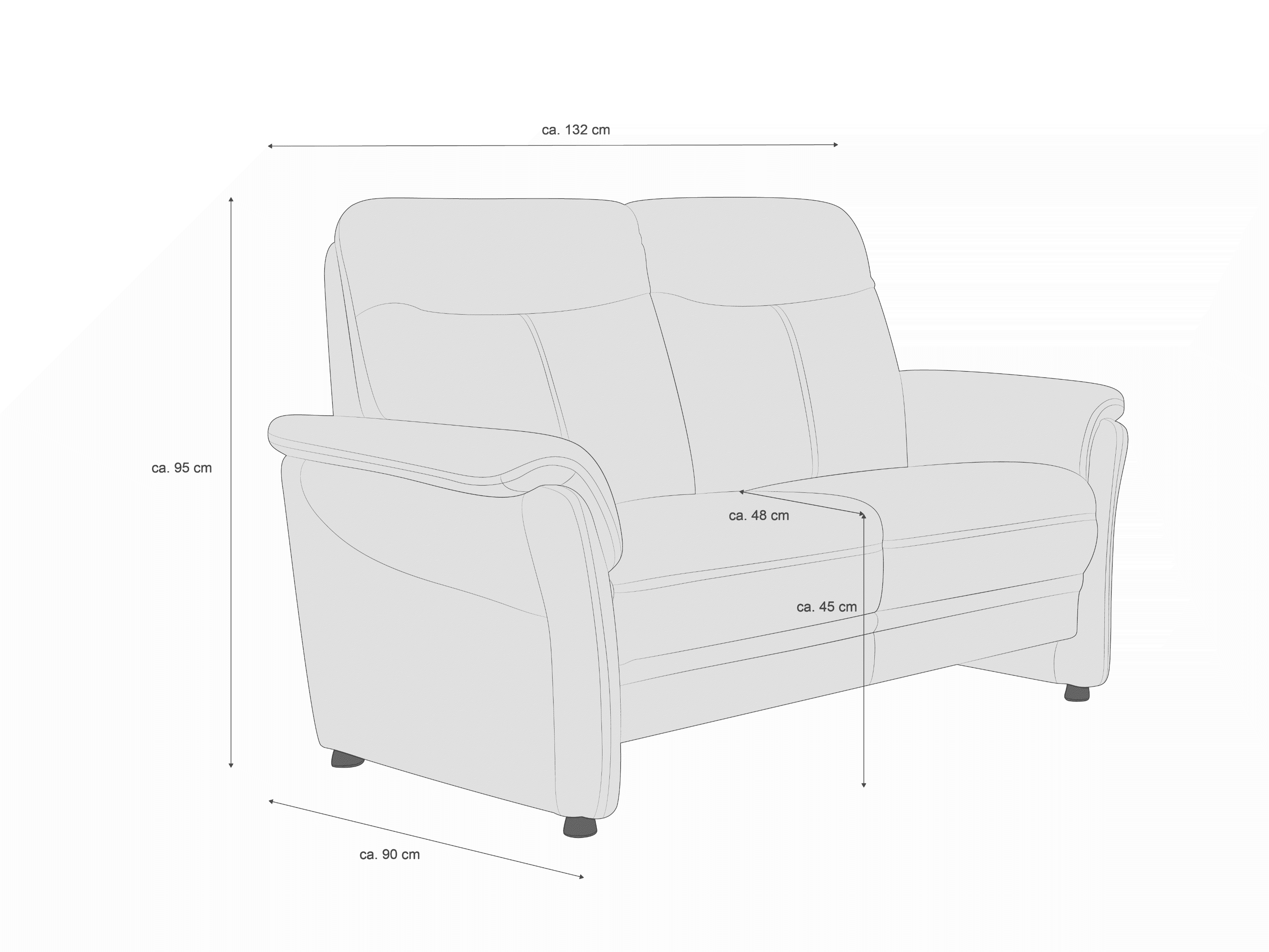 2-Sitzer Sofa mit gepolstertem Stoffbezug, Armlehnen und hohen Rückenlehnen, Maße eingezeichnet