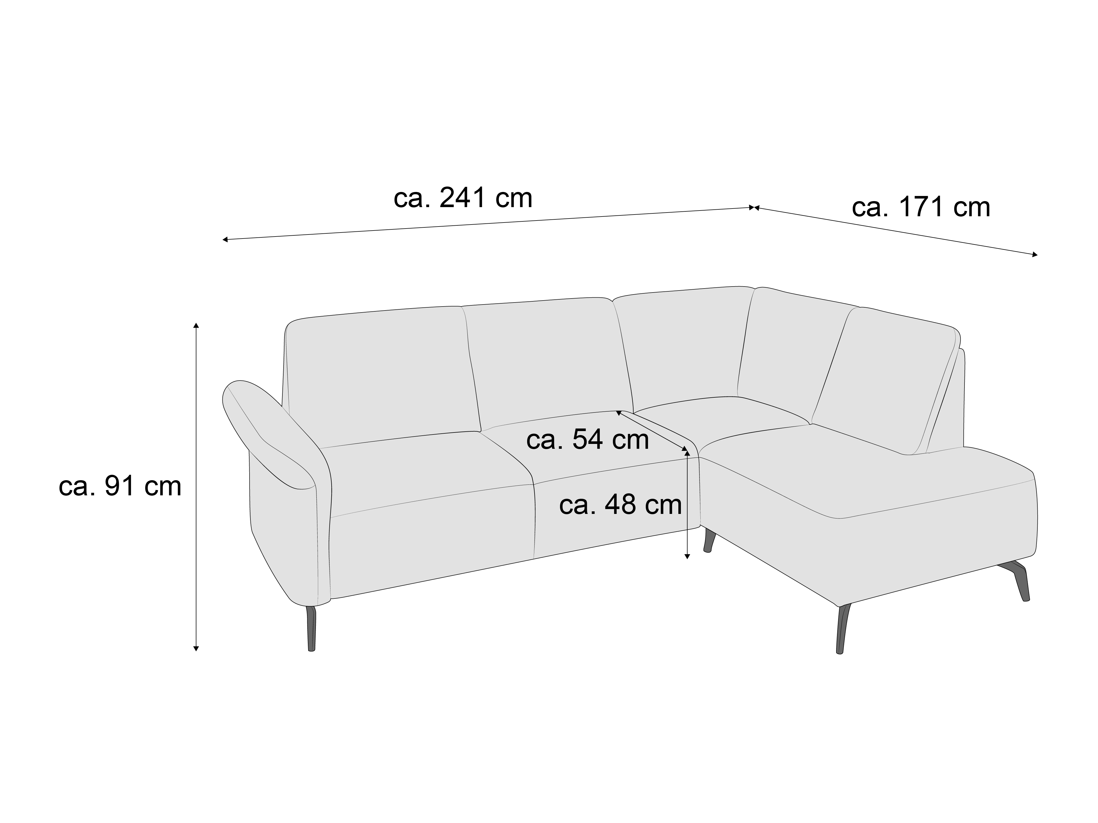 Ecksofa mit Armlehne links, gepolsterter Sitzfläche, Rückenlehne, L-Form, schlanke Füße