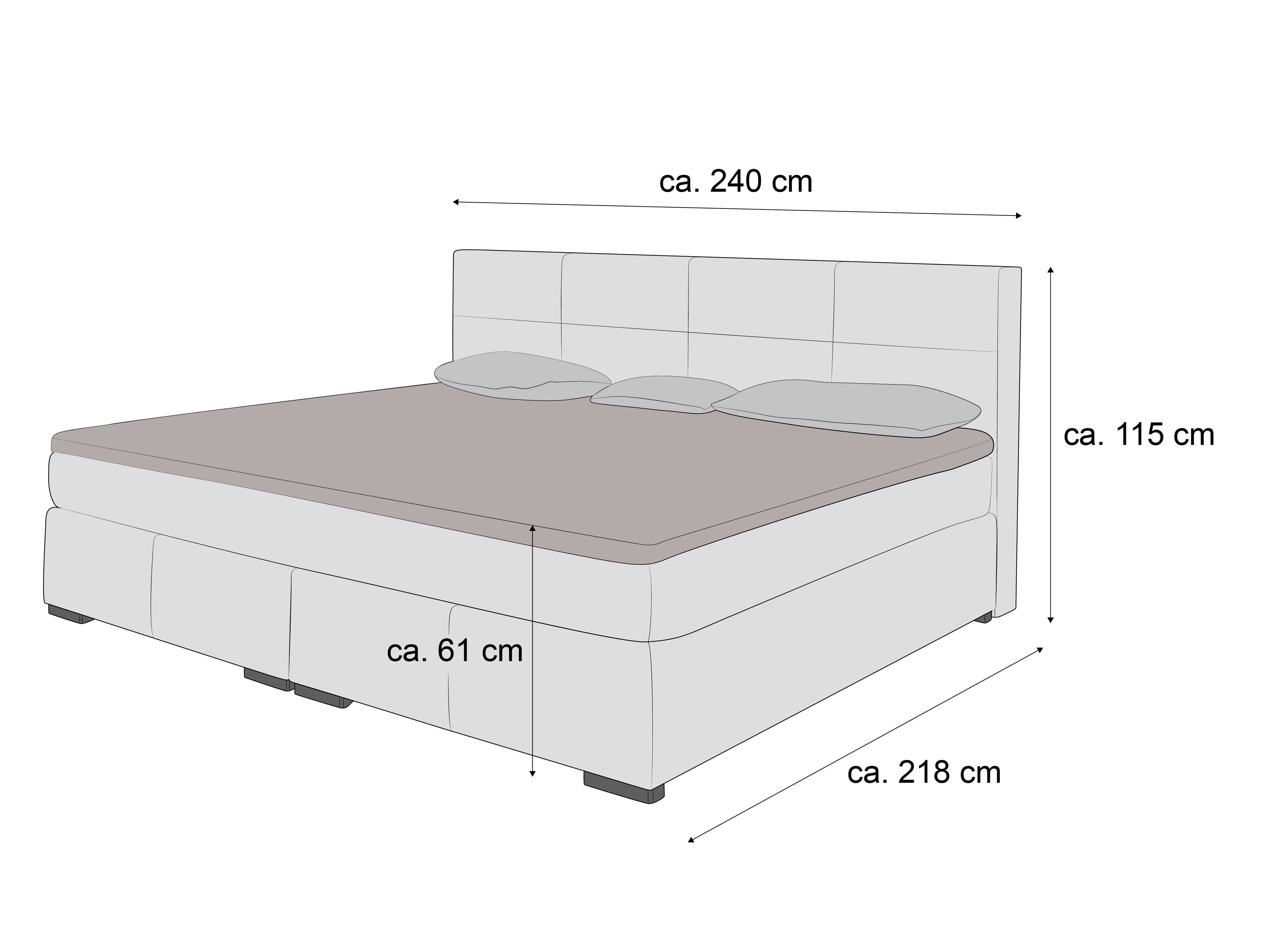Boxspringbett mit gepolstertem Kopfteil, hellgrauer Bezug, rechteckige Form, niedrige Füße