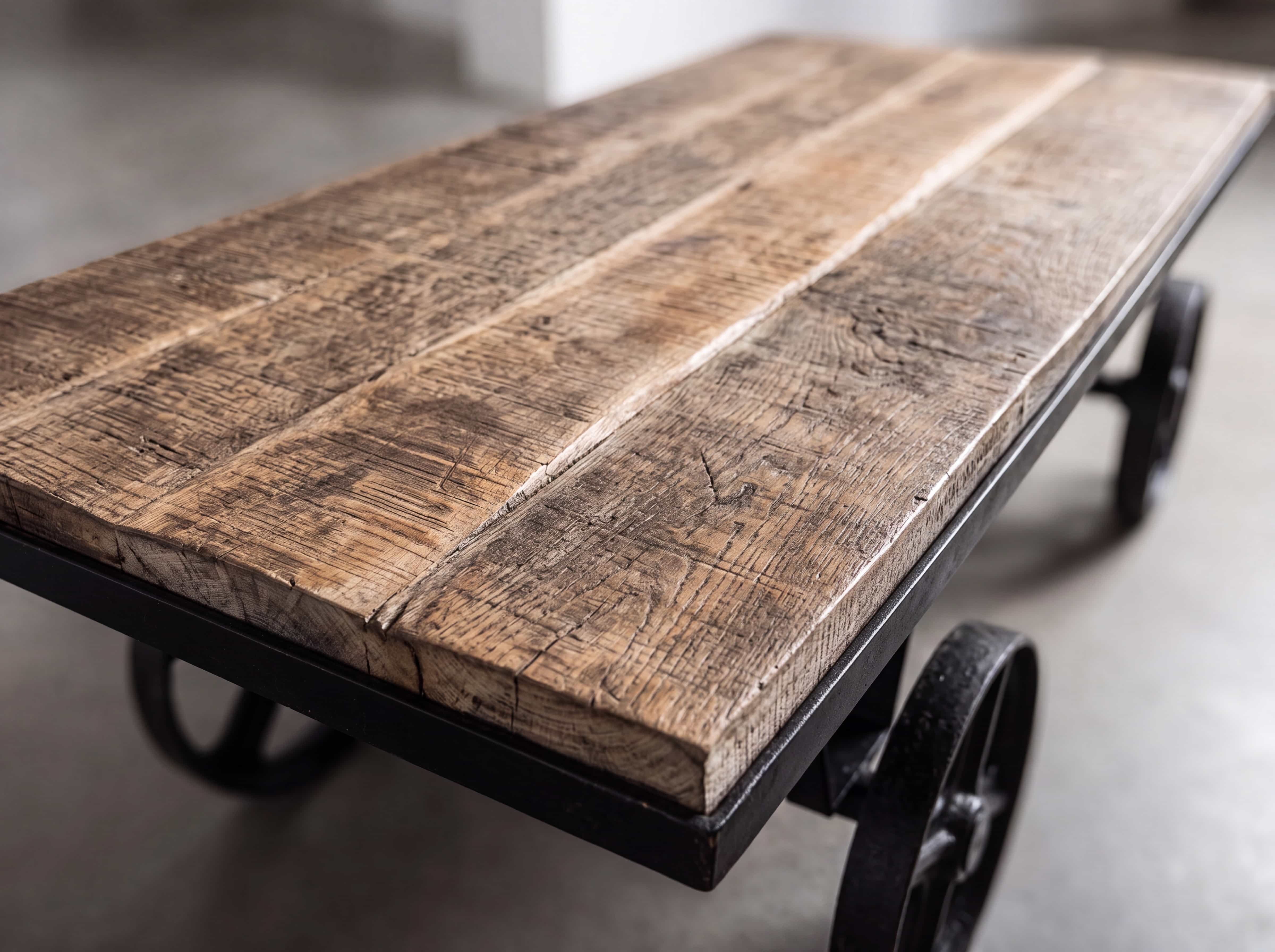 Couchtisch Imonium – rustikale Tischplatte aus Holz auf schwarzem Metallgestell mit Rollen