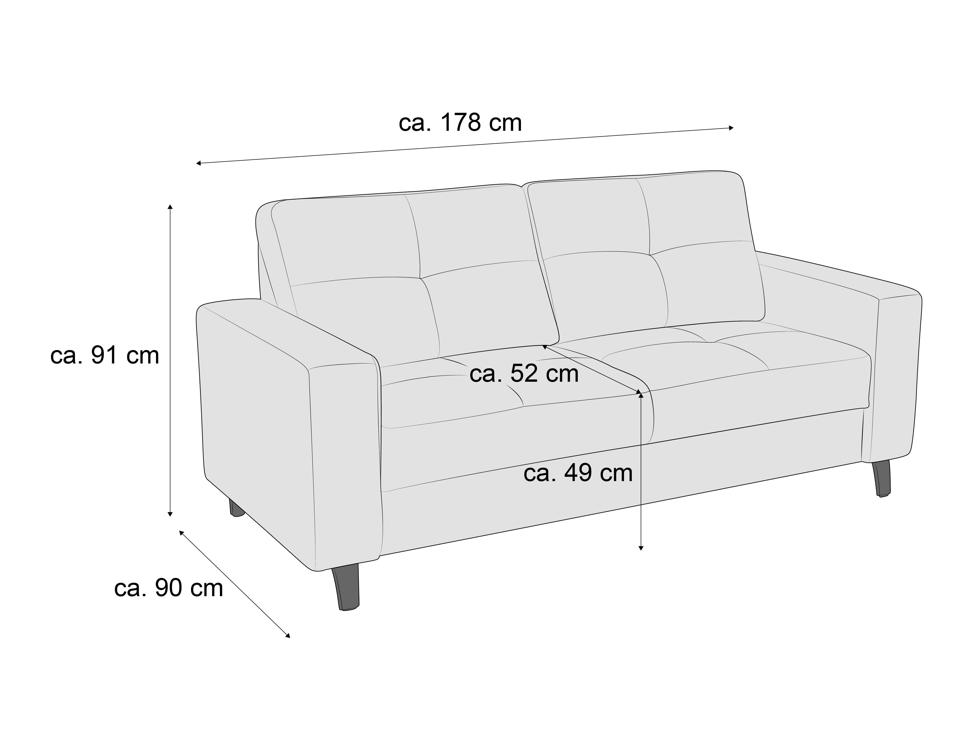 Einzelsofa 3-Sitzer Samara – Maßzeichnung mit Armlehnen und sichtbaren Steppnähten an Sitz und Rücken