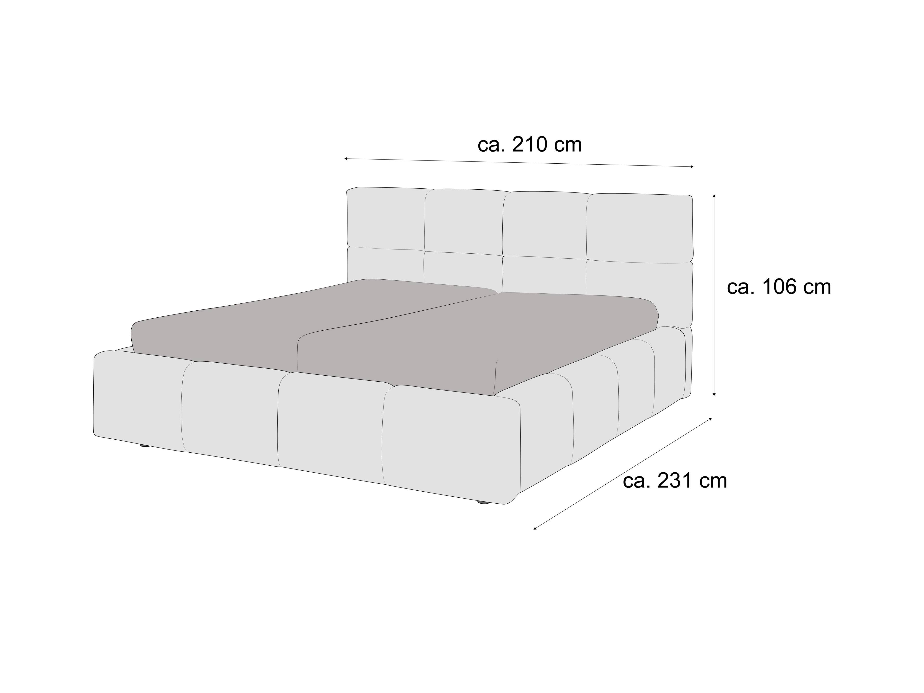 Boxspringbett mit gepolstertem, gestepptem Kopfteil und umlaufender Polsterung in hellem Stoff