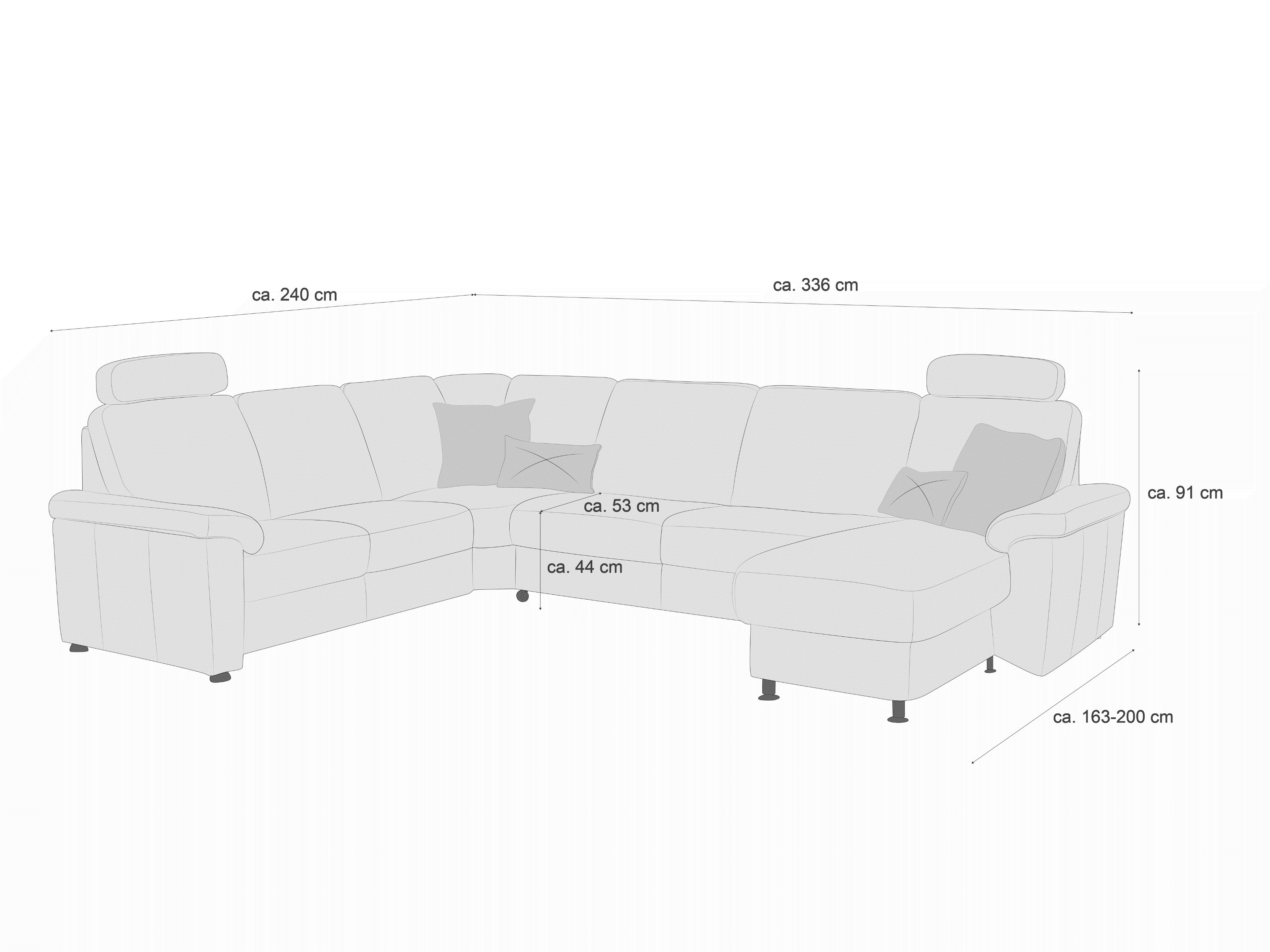 Ecksofa mit Stoffbezug in L-Form, gepolsterten Armlehnen, Kopfstützen und sichtbaren Sofafüßen