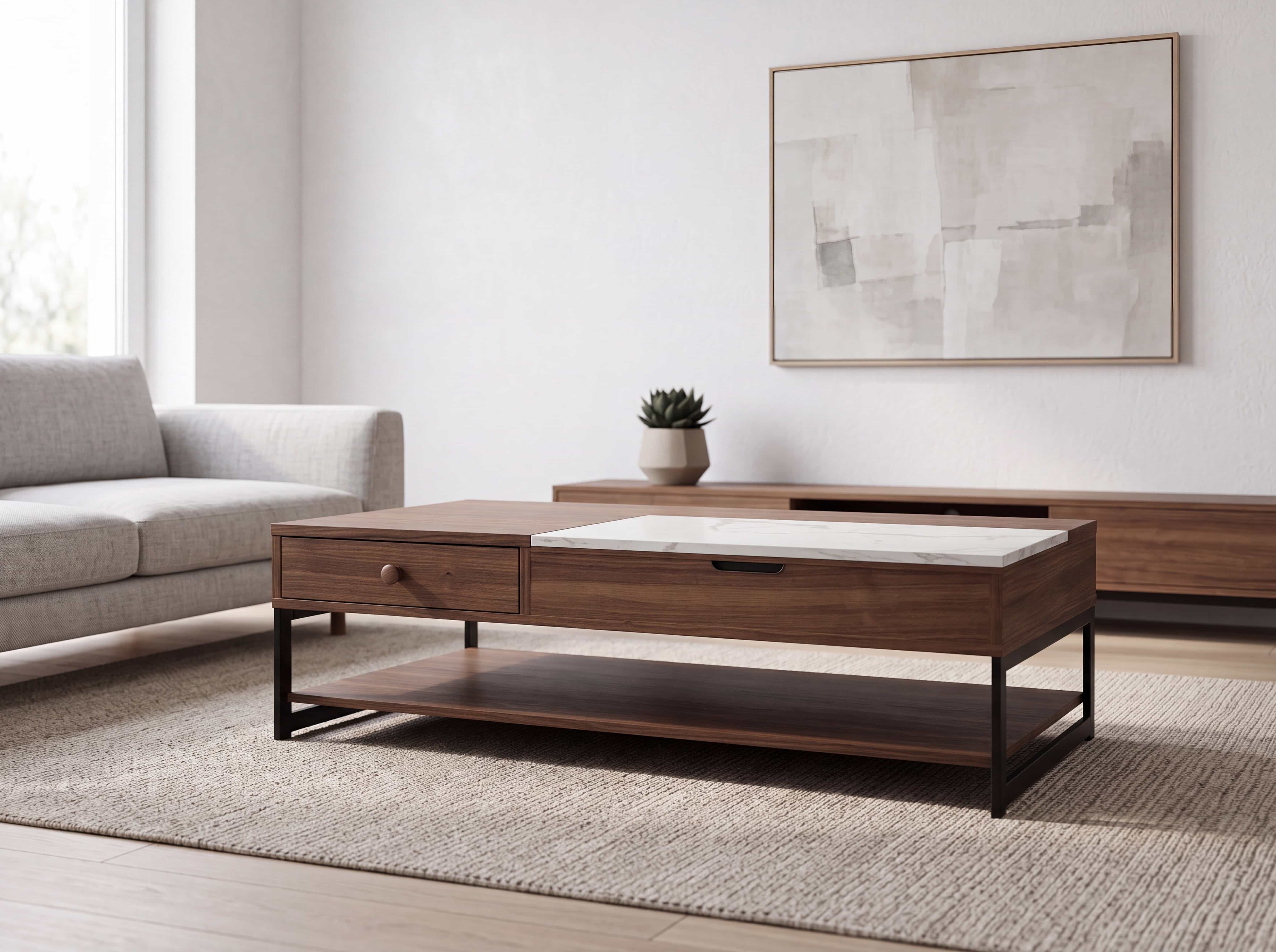 Couchtisch mit rechteckiger Holzplatte, weißem Marmor-Element, Schublade und schwarzem Metallgestell