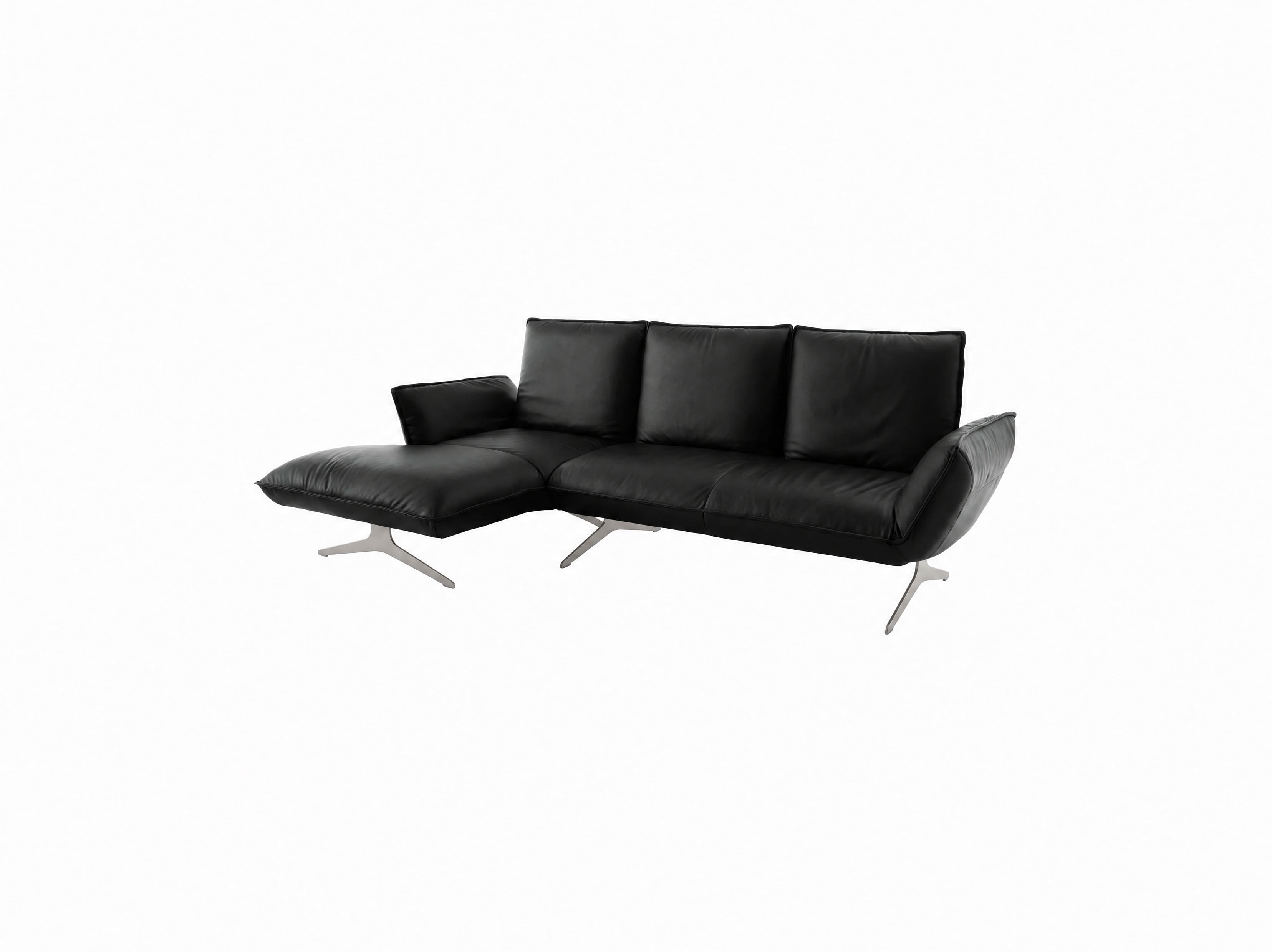 Ecksofa Kabs mit schwarzem Lederbezug, drei Sitzflächen, Metallfüßen und linker Recamiere