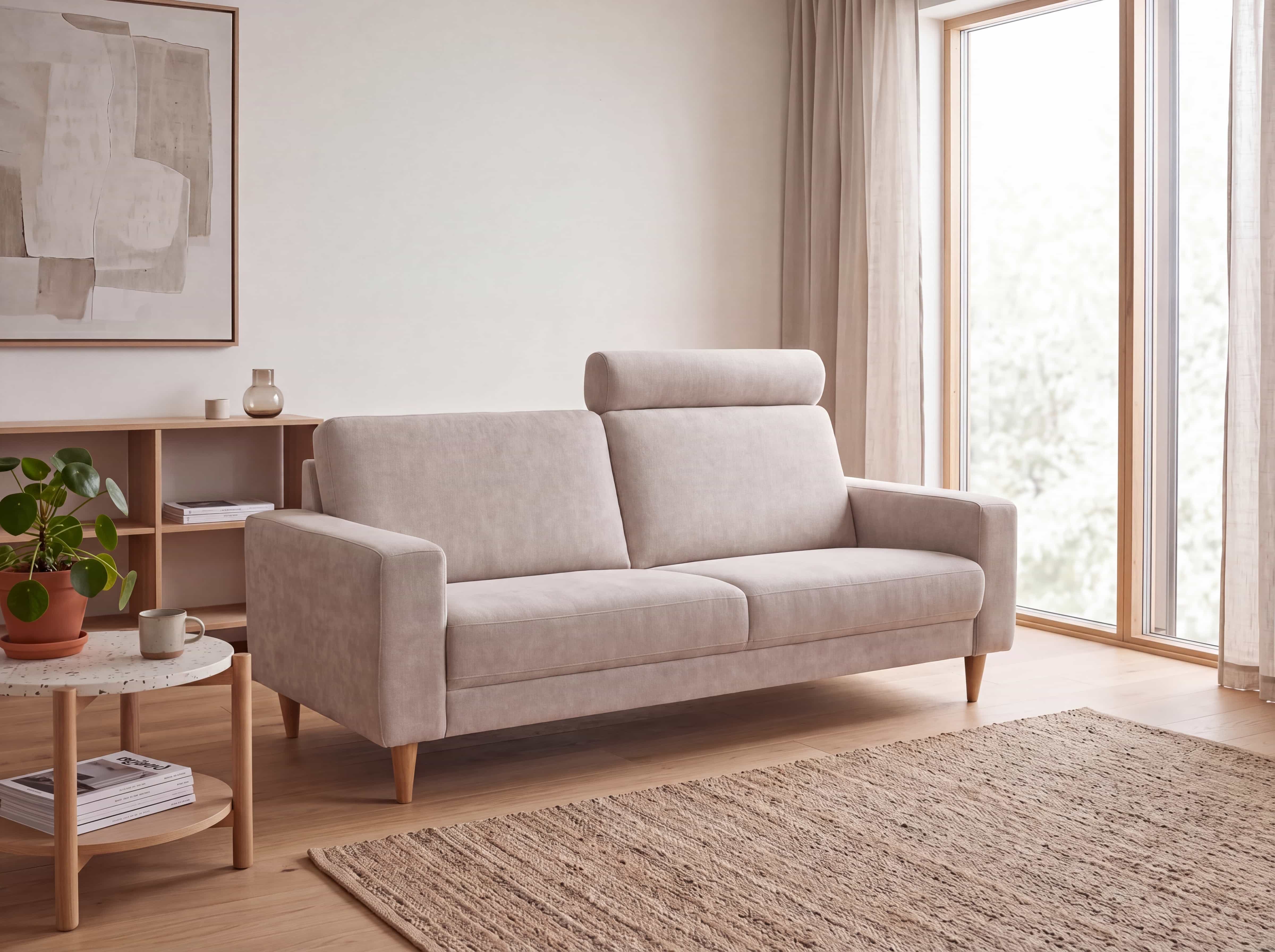 2-Sitzer Sofa Kabs Polsterwelt mit hellem Stoffbezug, Armlehnen und Kopfstütze, Holzfüße