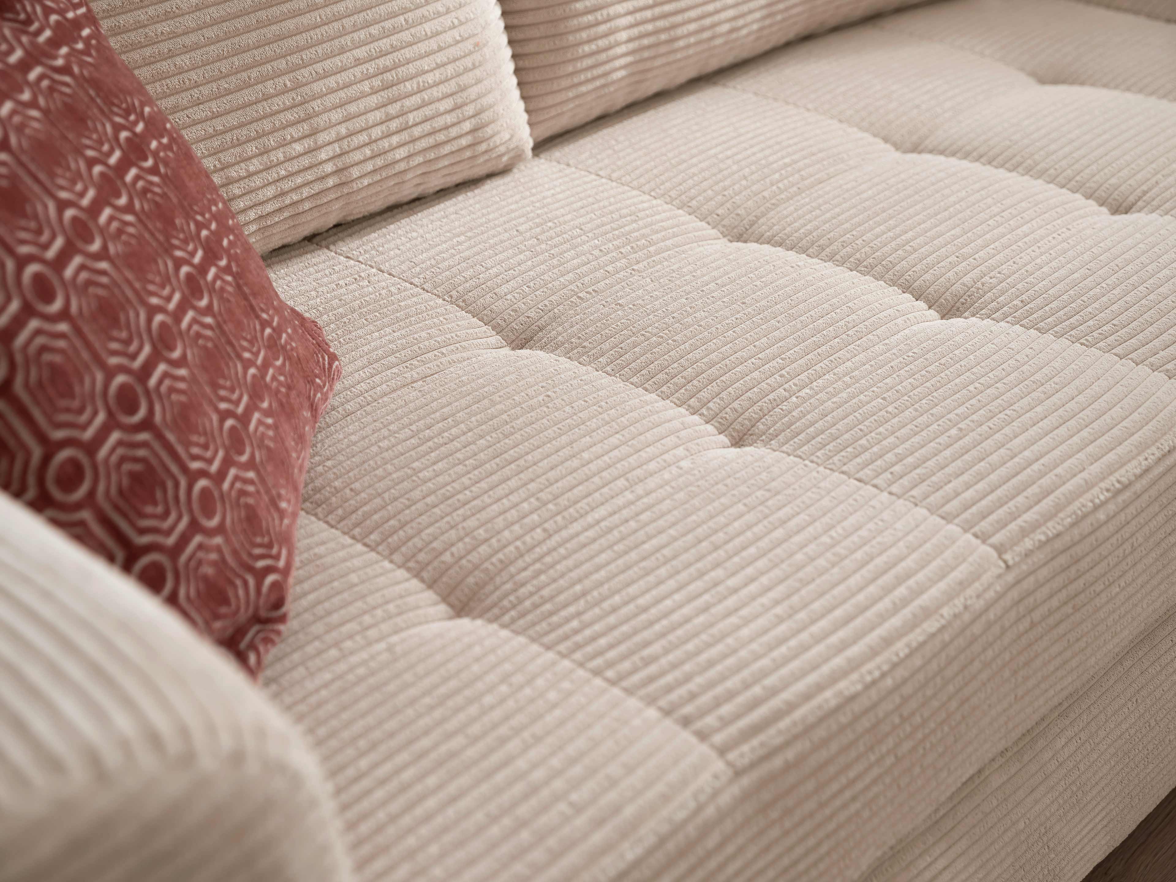 Ecksofa Cord Mono in Beige mit gesteppter Sitzfläche und sichtbarer Struktur, Armlehne links