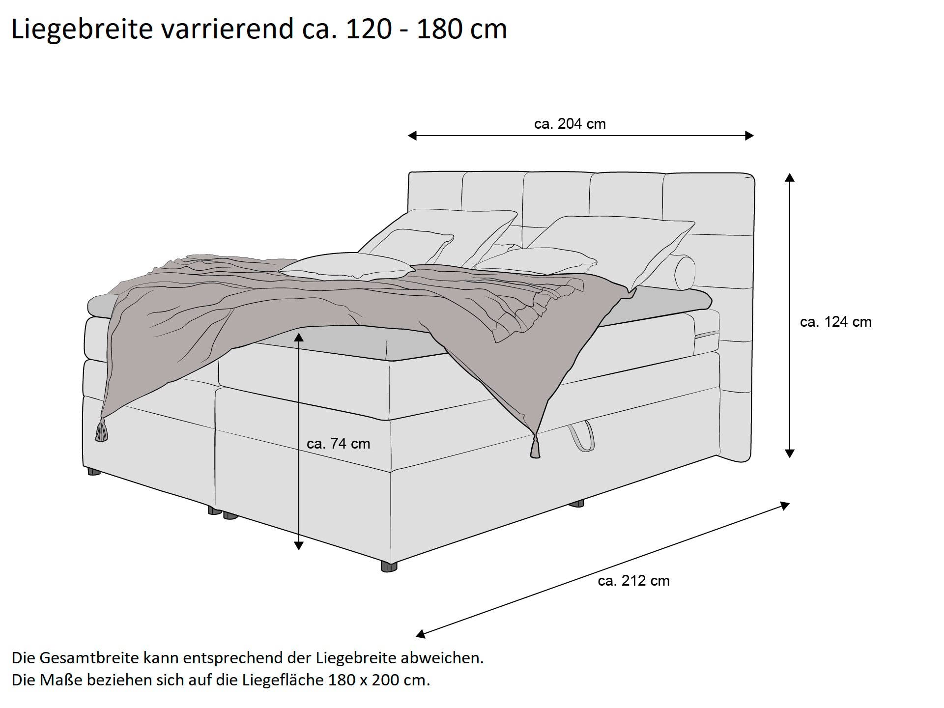Boxspringbett mit gestepptem Kopfteil, gepolstertem Rahmen, sichtbaren Füßen und Decke, Frontansicht