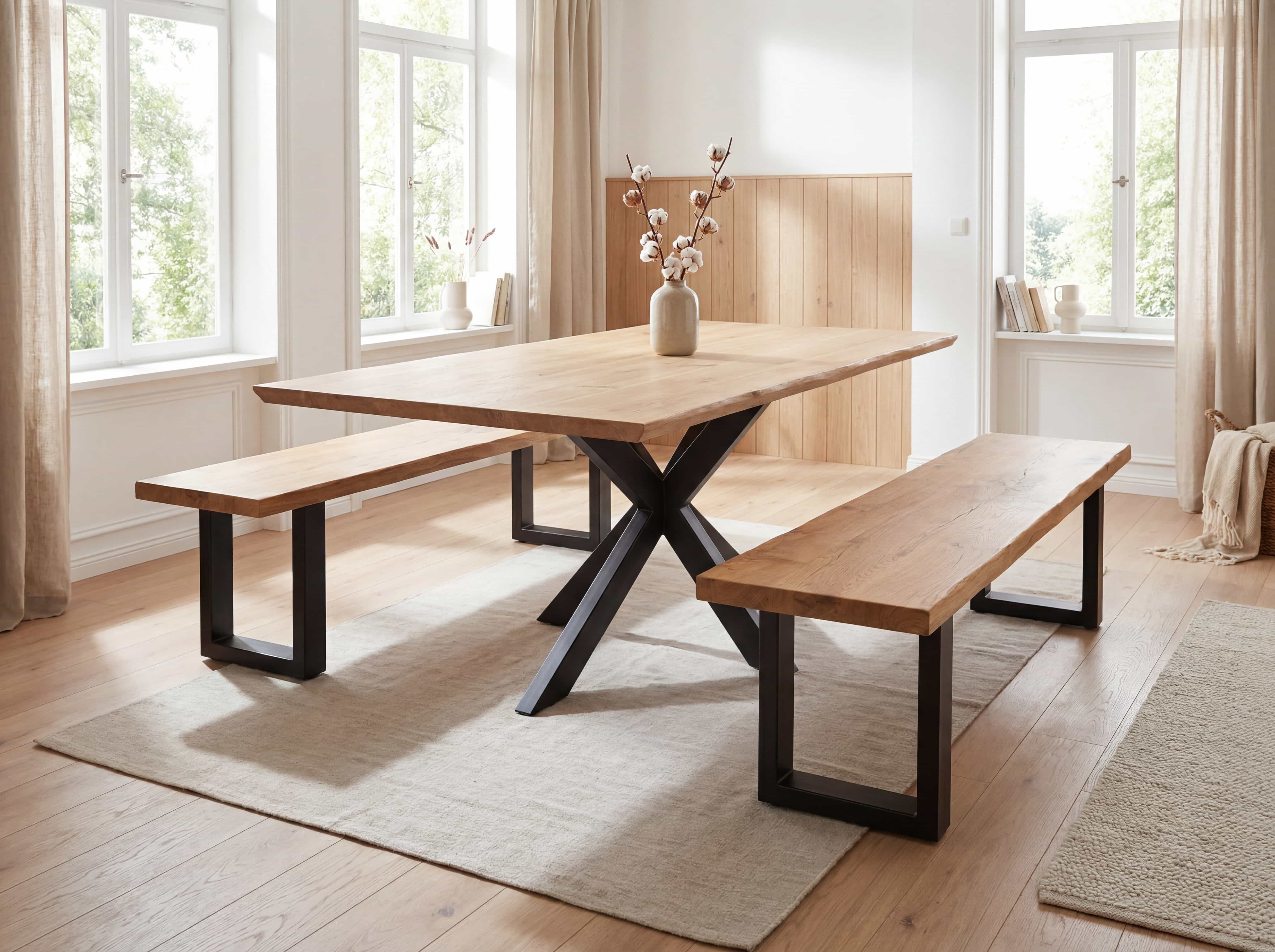 Esstisch mit rechteckiger massiver Holzplatte und schwarzem Kreuzgestell, dazu zwei Holzsitzbänke
