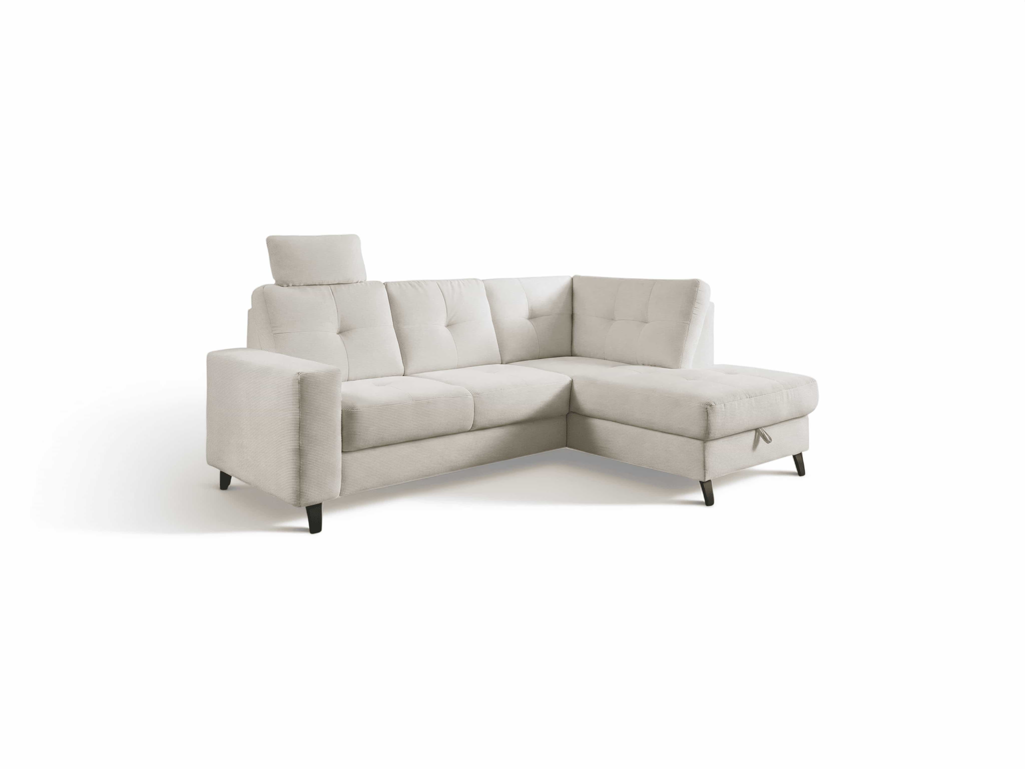 Ecksofa Montana mit Stoffbezug in Beige, gepolsterter Rücken, Armlehne links, schwarze Füße