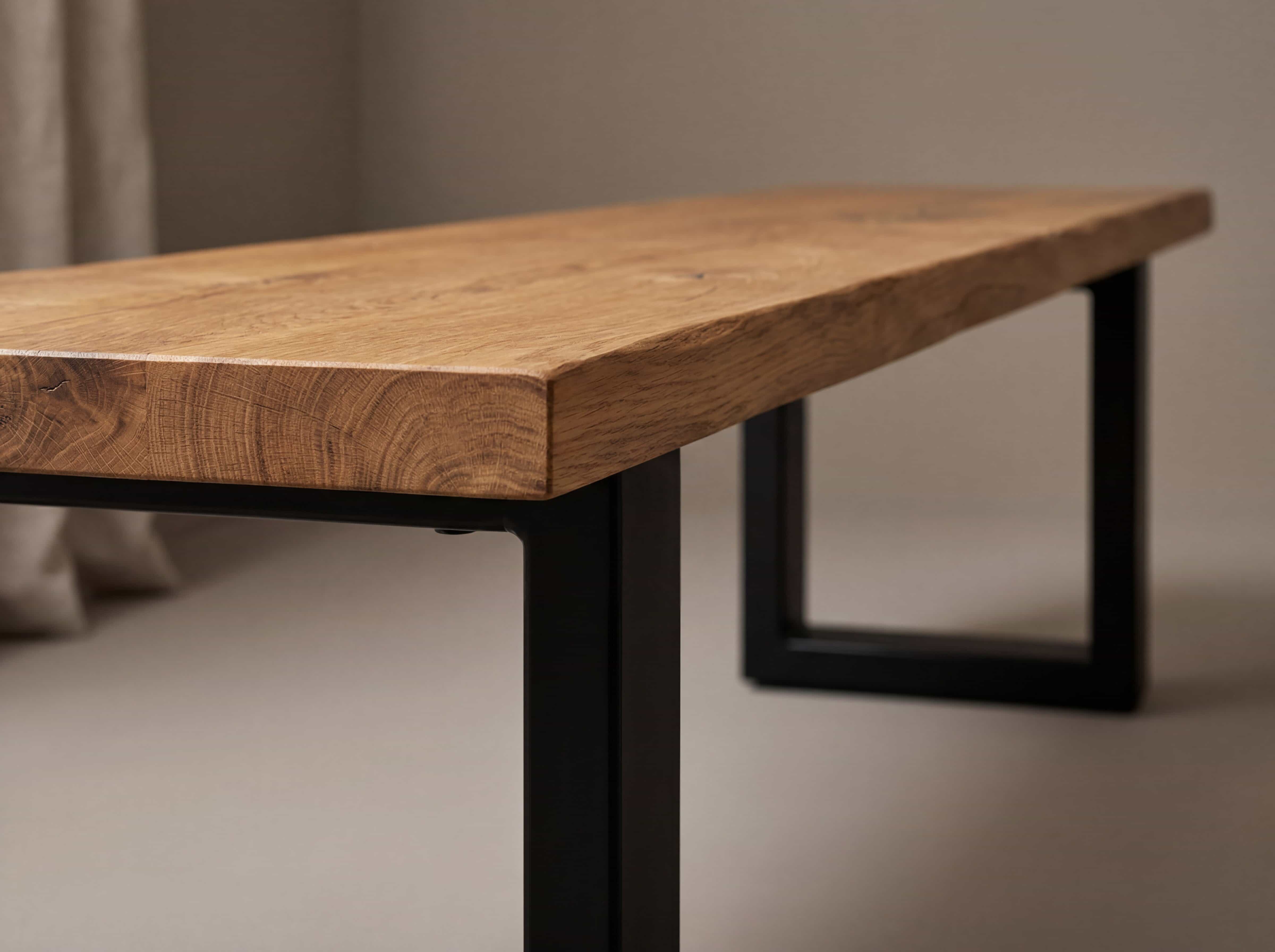 Esstisch mit rechteckiger massiver Holzplatte in Eicheoptik und schwarzem Metallgestell.