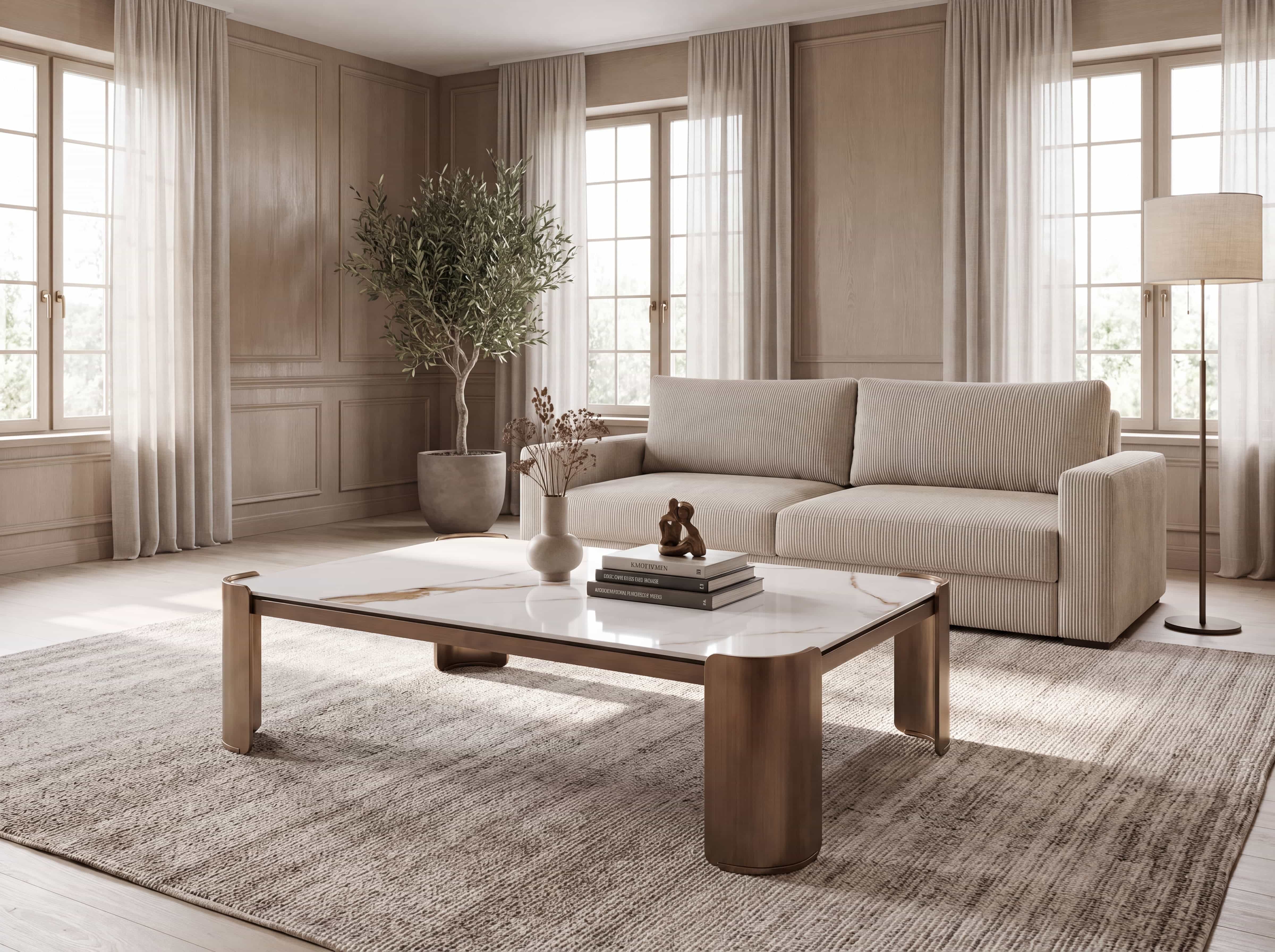 Couchtisch Ricinus – Couchtisch mit weißer Platte in Marmoroptik und abgerundeten Metallbeinen