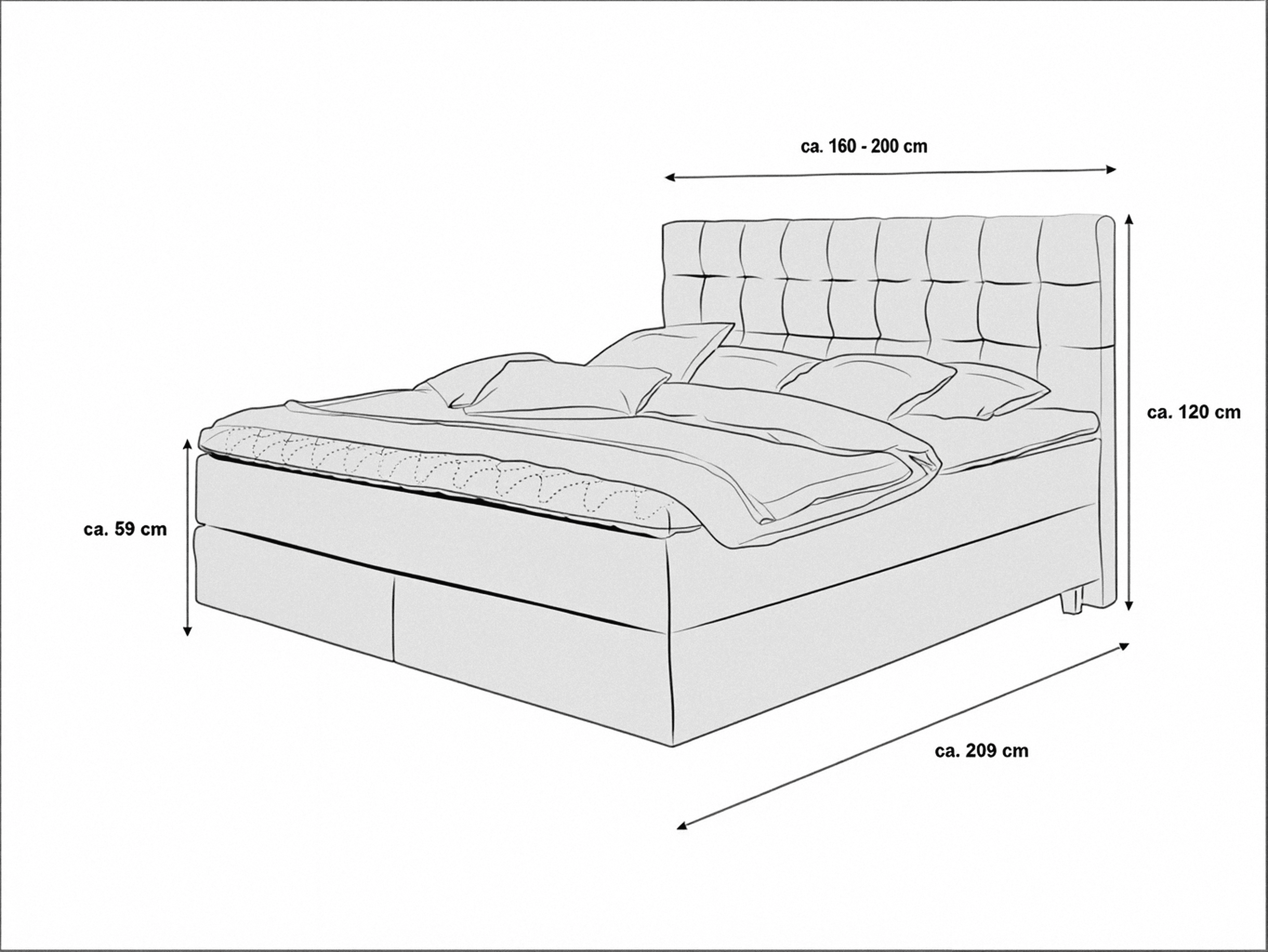 Boxspringbett mit hohem, gepolstertem Kopfteil und sichtbarer Steppung, rechteckig, helle Farbe