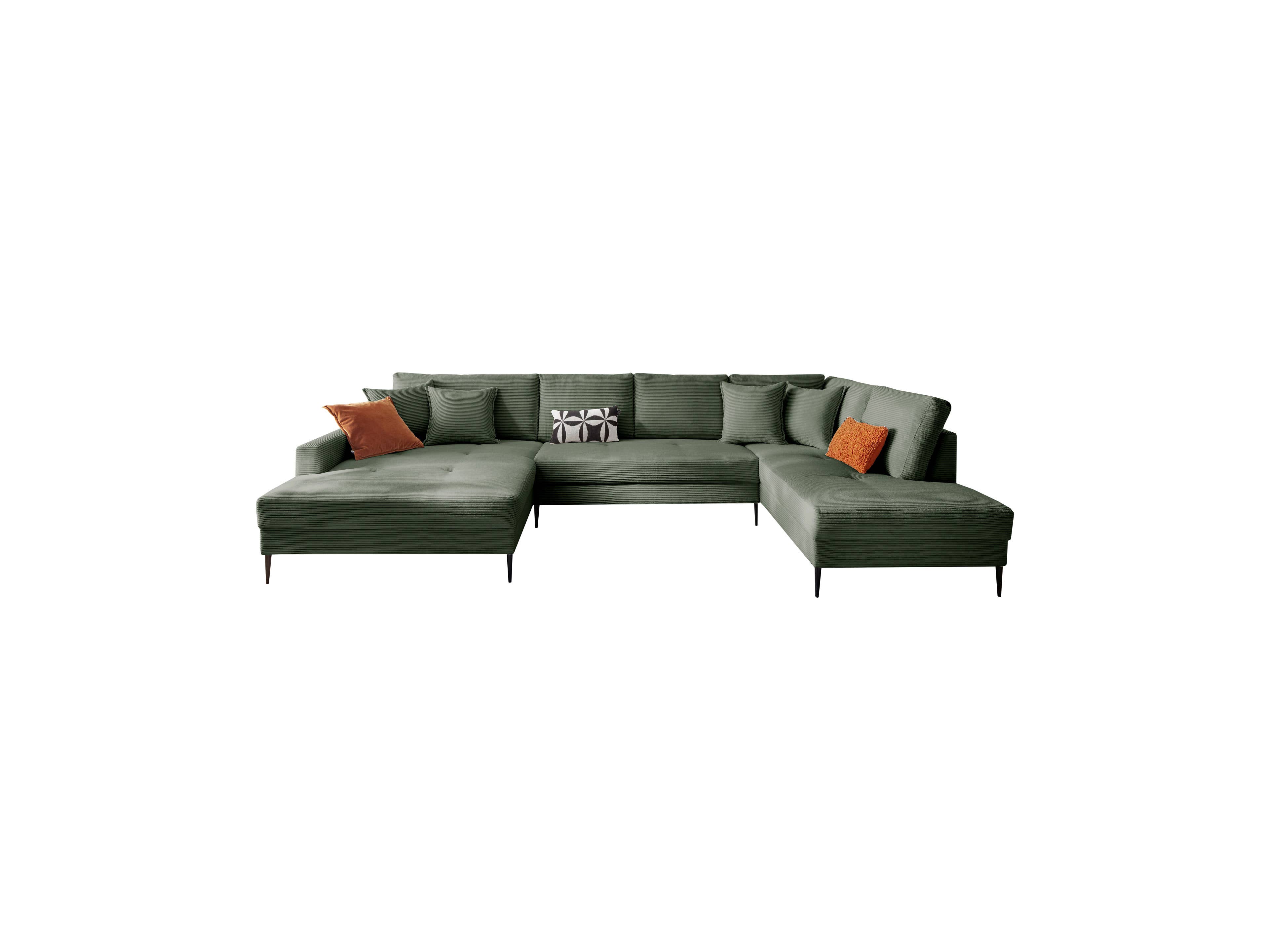 Ecksofa Kabs Polsterwelt mit grünem Cordbezug, L-Form, niedrigen Armlehnen und schwarzen Füßen