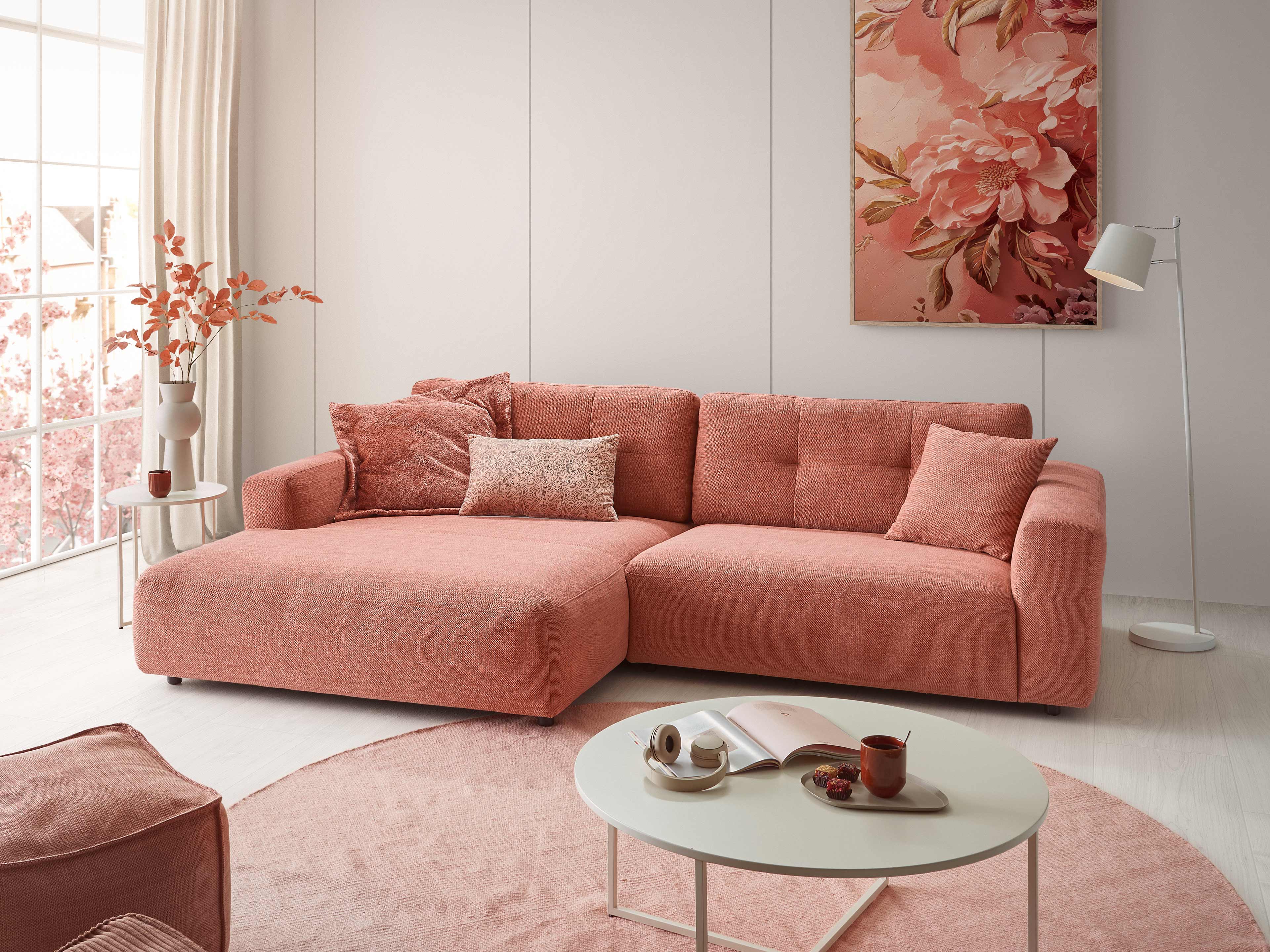 Ecksofa Kabs Polsterwelt mit Stoffbezug in Korallenrosa, linksseitiger Longchair, breite Armlehne