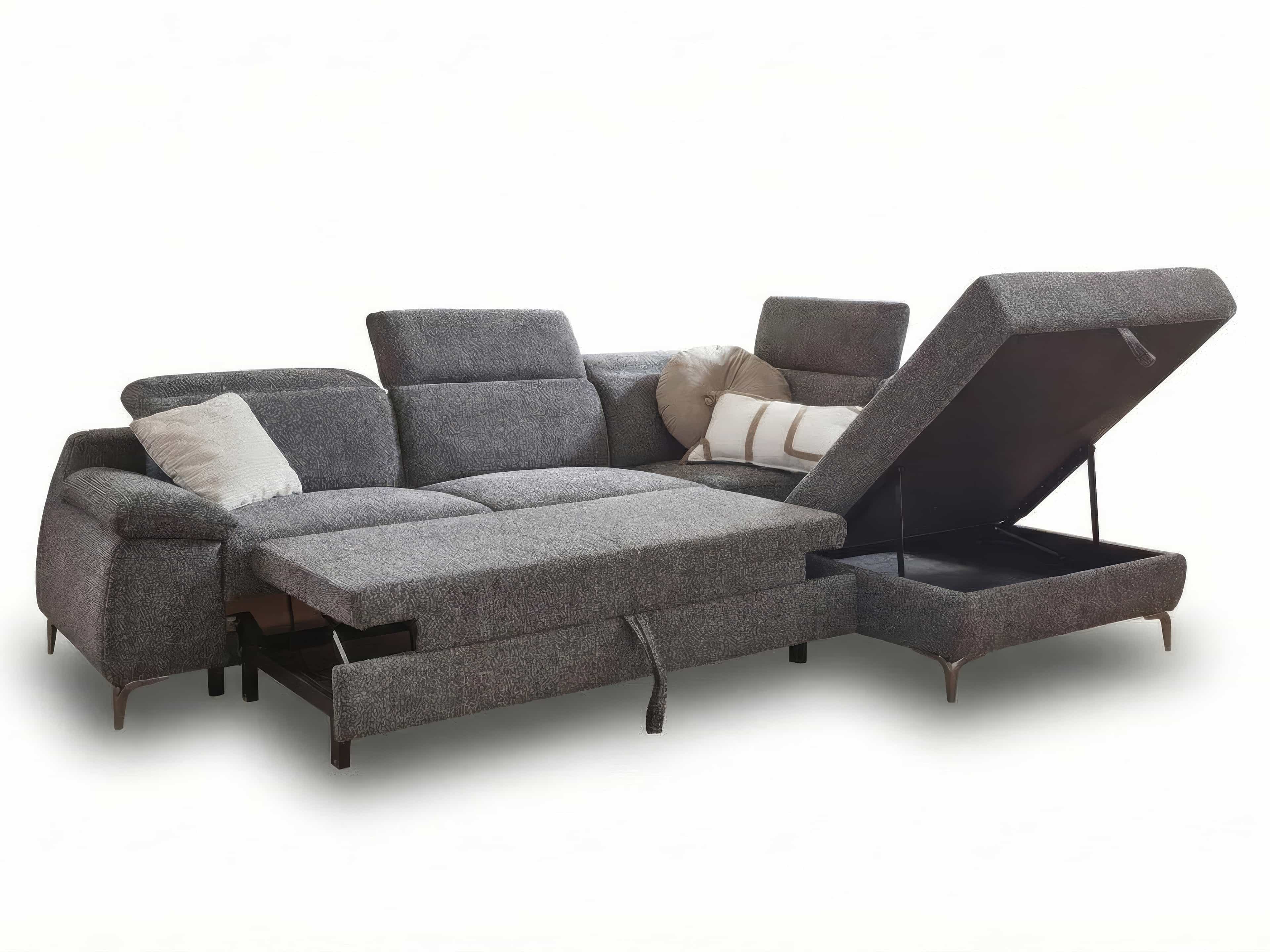 Ecksofa mit grauem Stoffbezug, verstellbaren Kopfstützen, Schlaffunktion und geöffnetem Stauraum