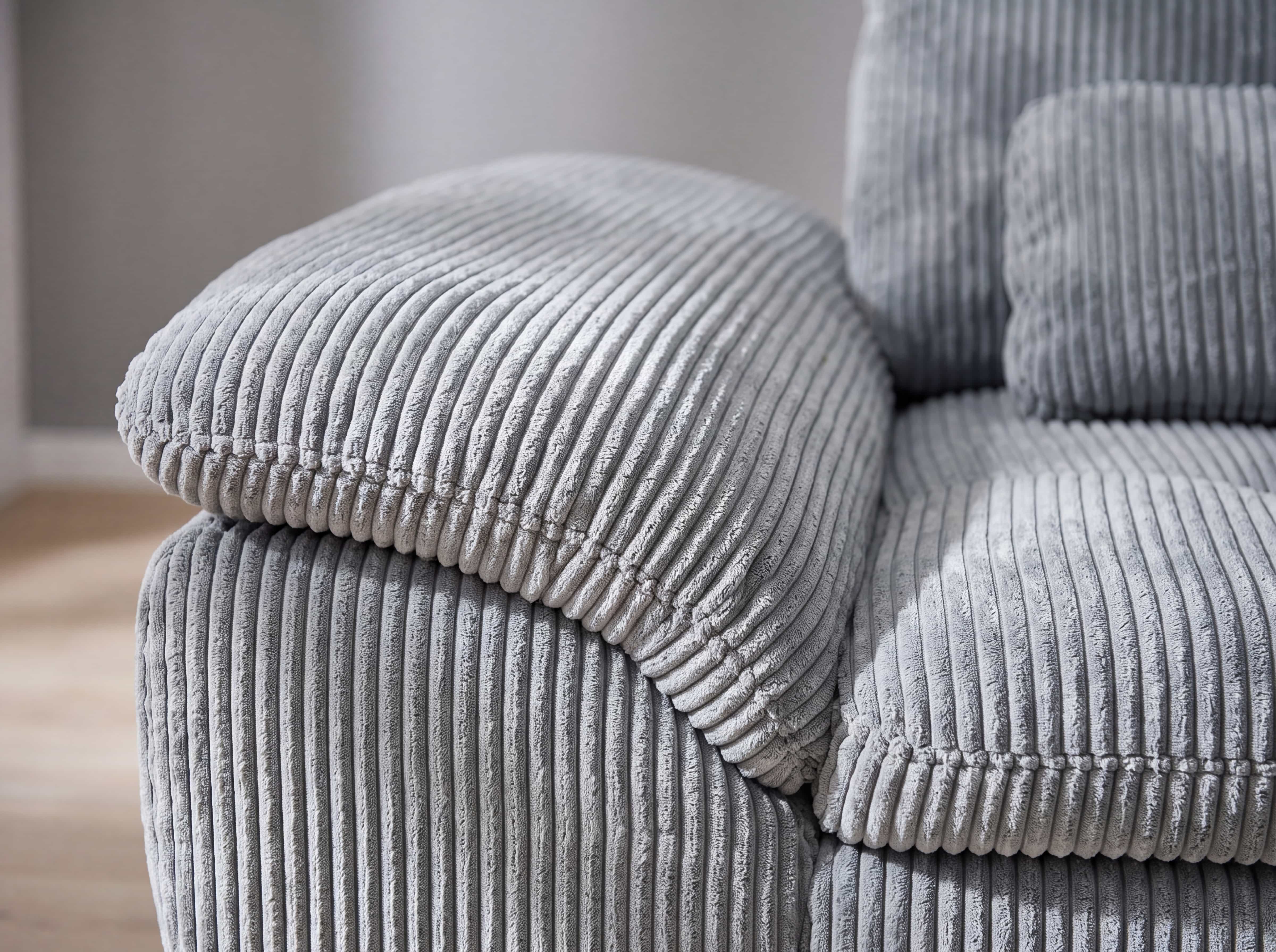 Ecksofa Kabs Polsterwelt mit breiter Armlehne, grauer Cordbezug, sichtbare Rillenstruktur