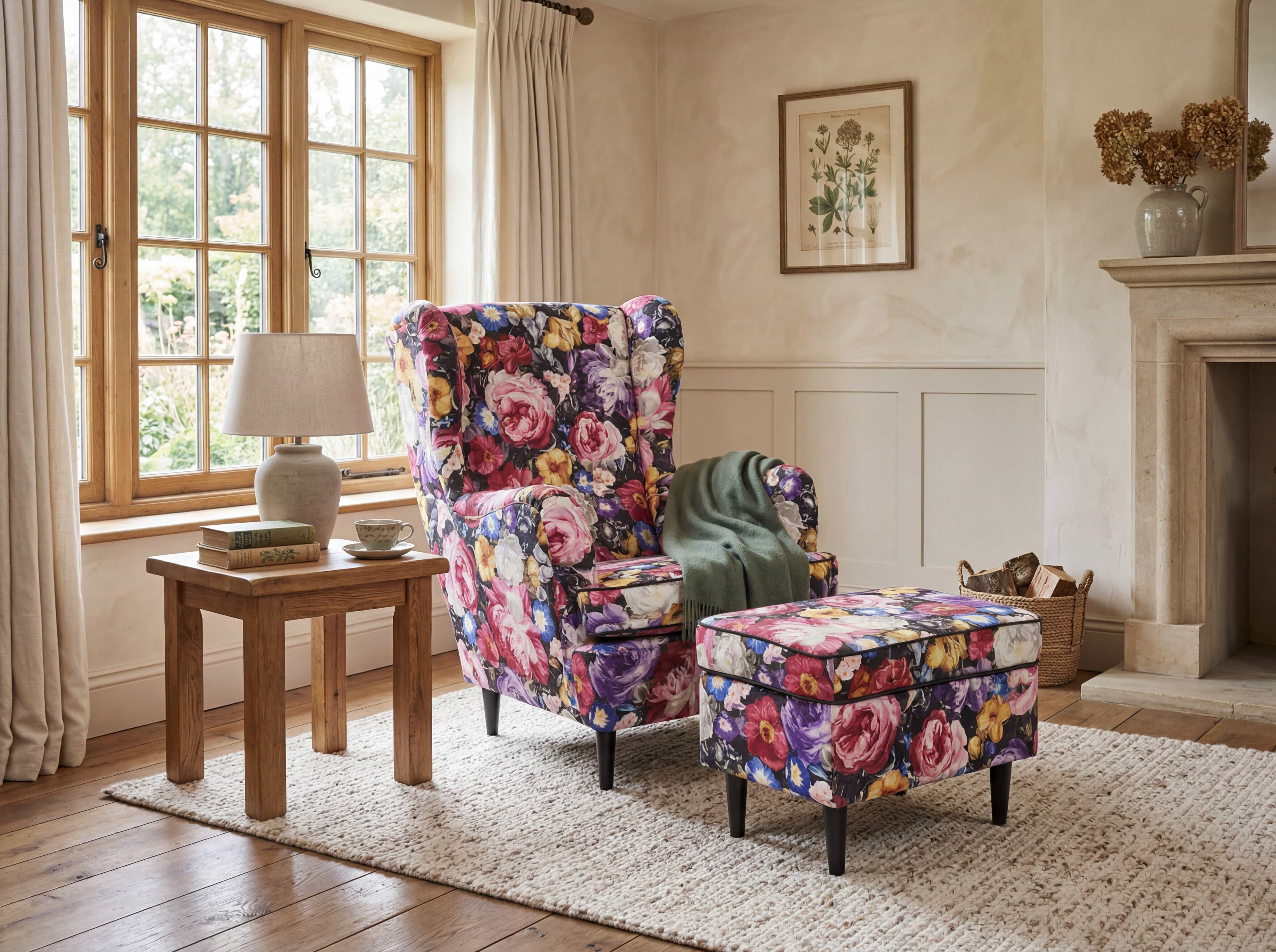 Ohrensessel mit floralem Stoffbezug, bunten Blumenmotiven und passenden schwarzen Holzfüßen