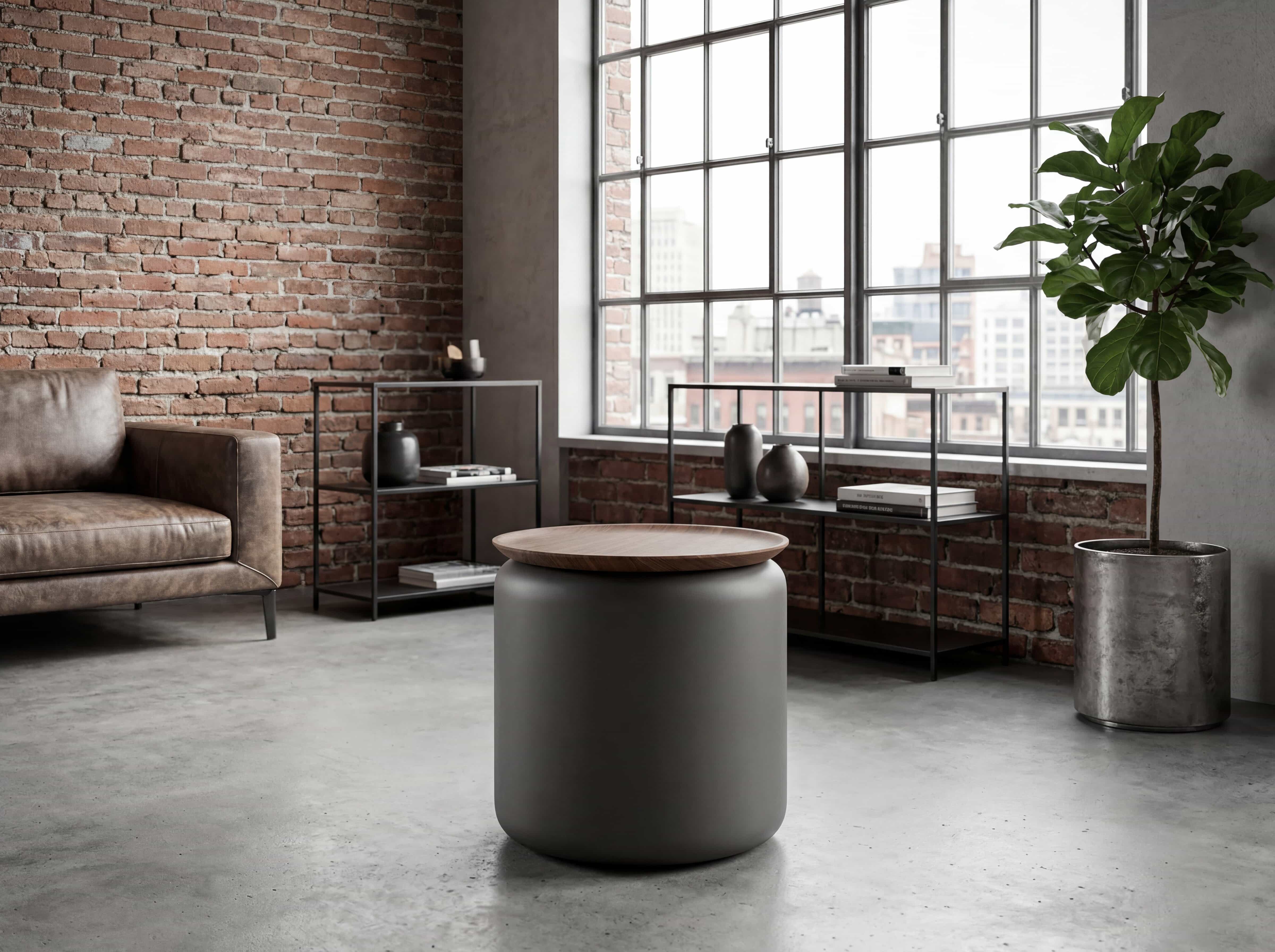 Runder Couchtisch mit grauem, zylindrischem Korpus und flacher Tischplatte aus Holz, modern gestaltet