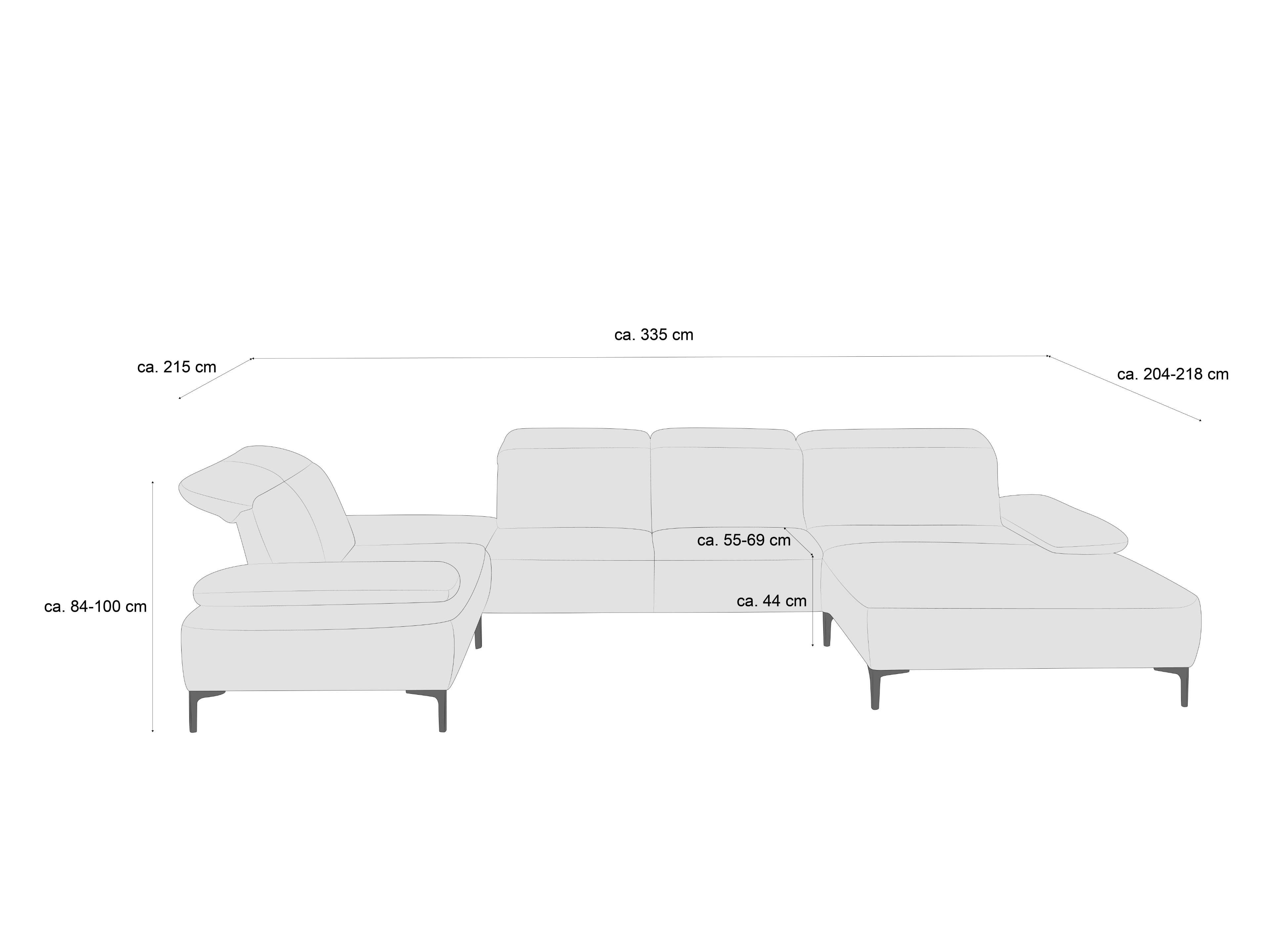 Ecksofa mit gepolsterten Rückenlehnen, Kopfstütze und Armlehnen, auf schmalen Metallfüßen