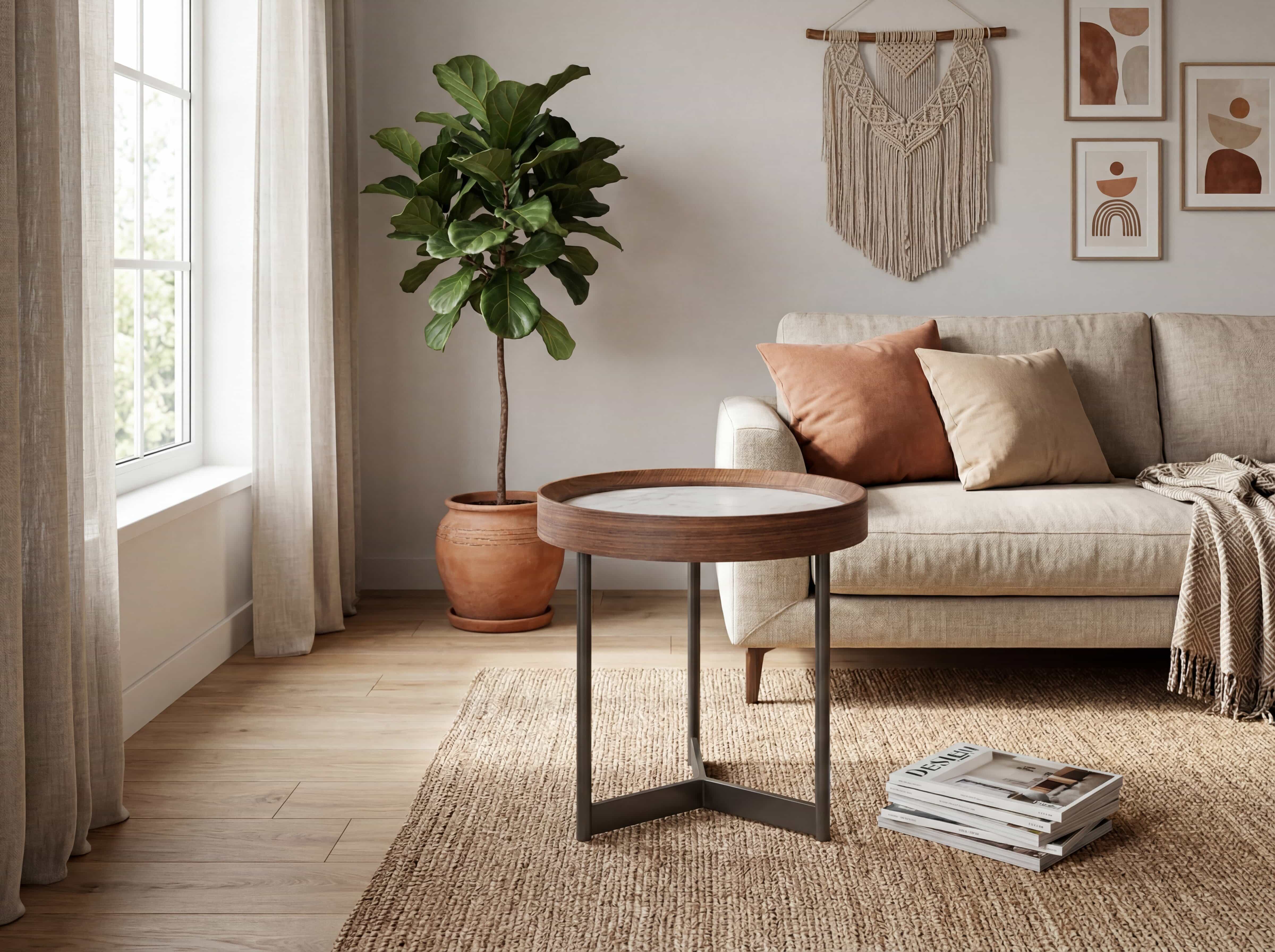 Runder Couchtisch mit brauner Holzumrandung, heller Tischplatte und schwarzem Metallgestell.