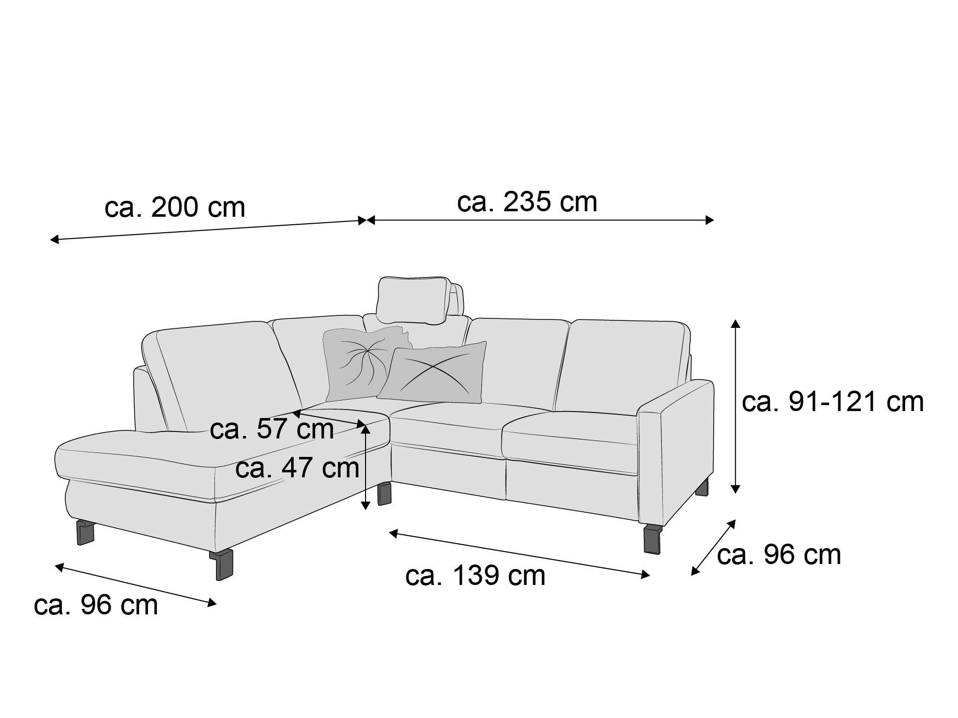 Ecksofa mit Armlehnen, gepolsterten Sitz- und Rückenlehnen, sichtbarem Kopfteil und Kissen