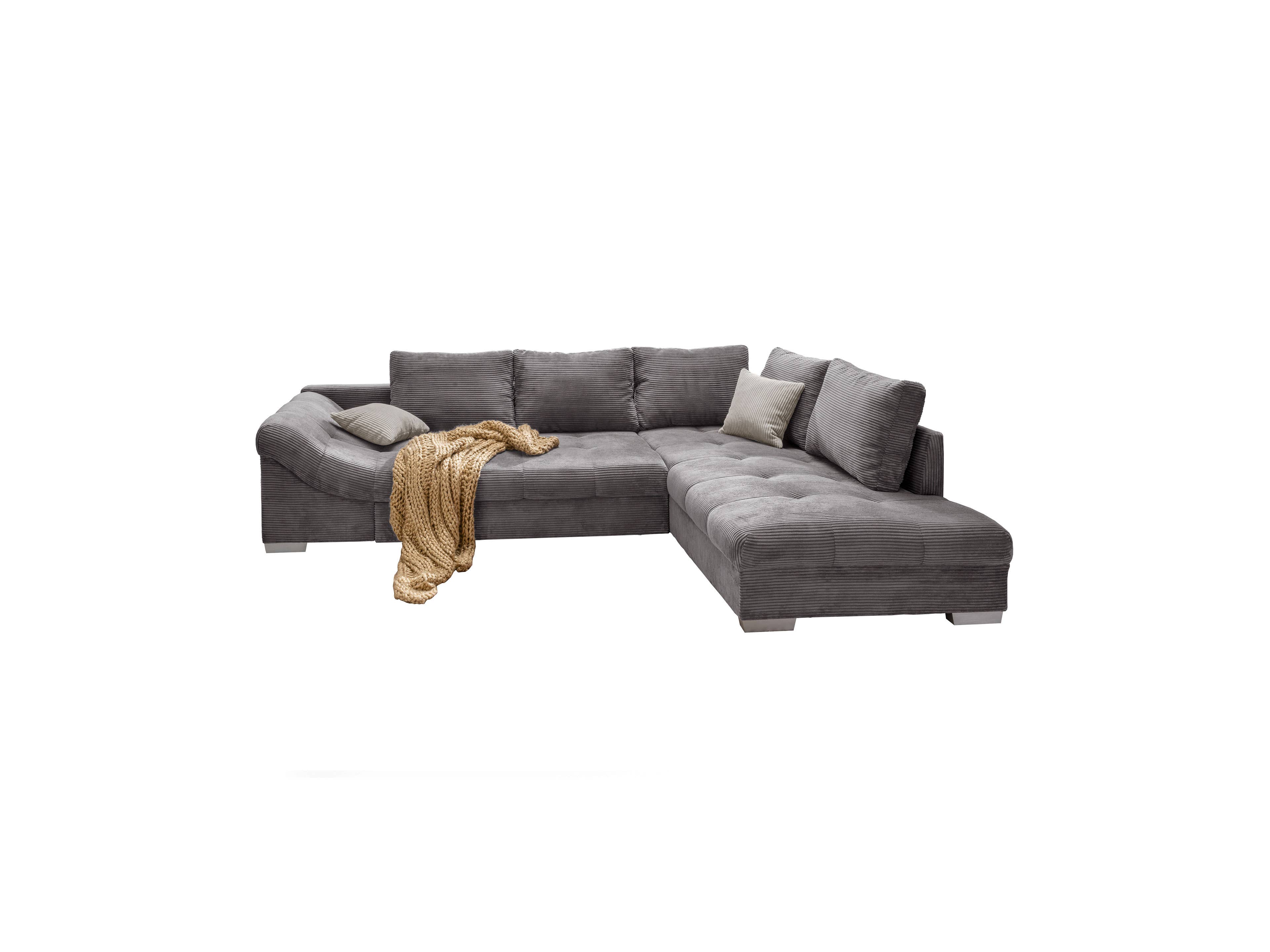 Ecksofa mit grauem Cordbezug, breiten Armlehnen, losen Rückenkissen und silberfarbenen Füßen