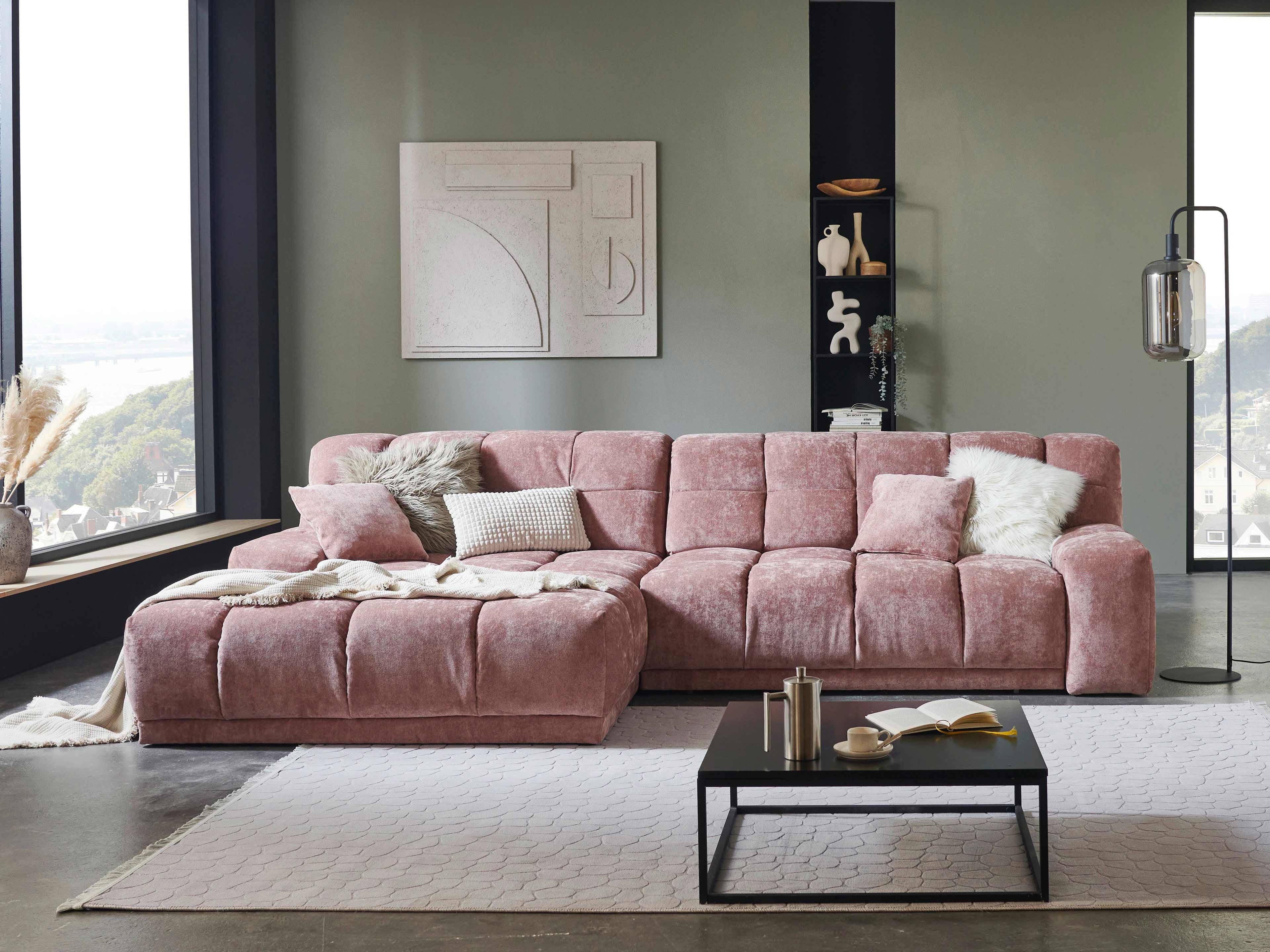 Ecksofa Kabs Polsterwelt, gepolstert, rosa Stoffbezug, drei Sitze, breite Armlehnen, Frontansicht