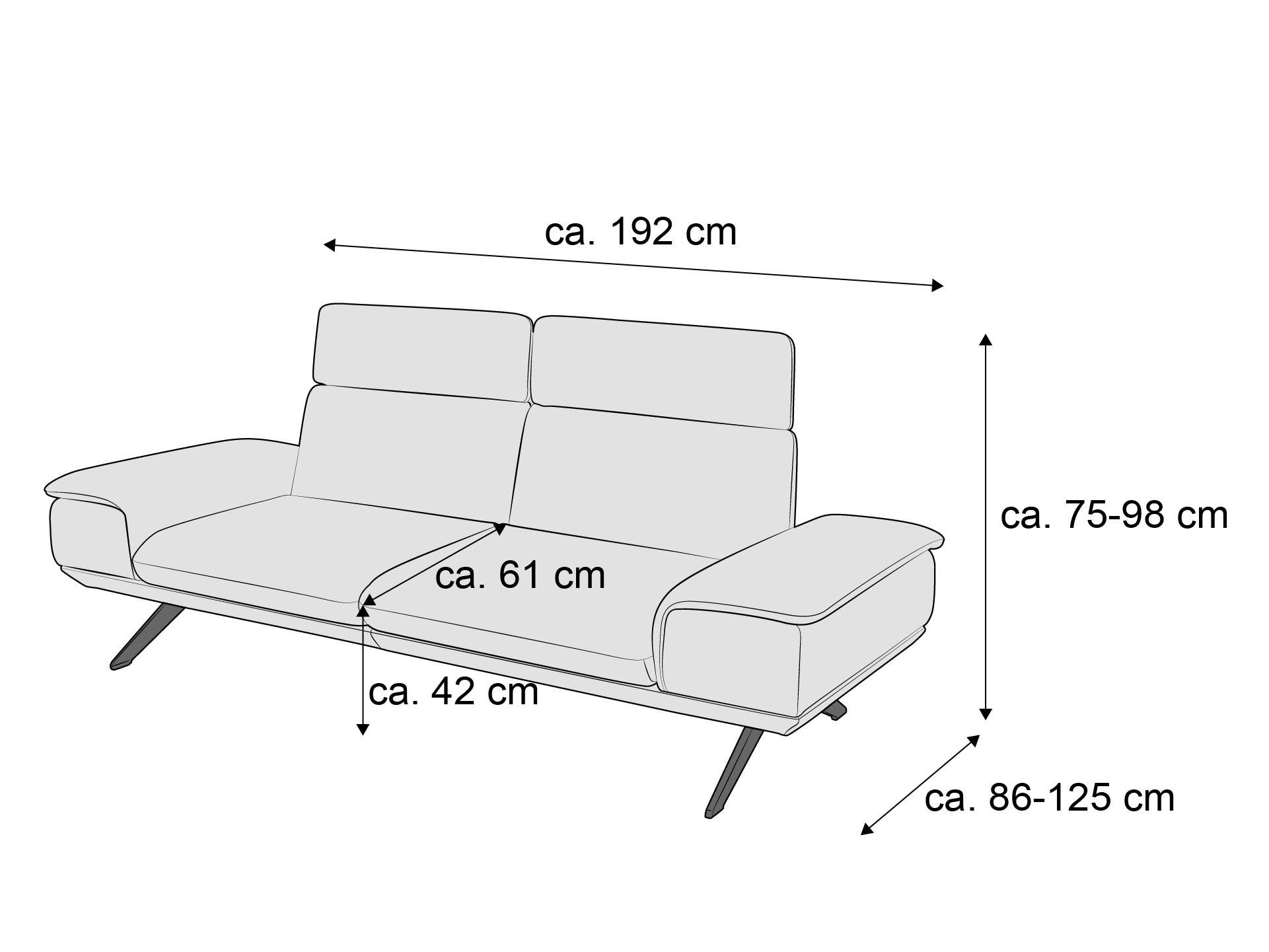 2-Sitzer Sofa mit breiten Armlehnen, gepolsterter Rückenlehne und schrägen Beinen, Maße eingezeichnet