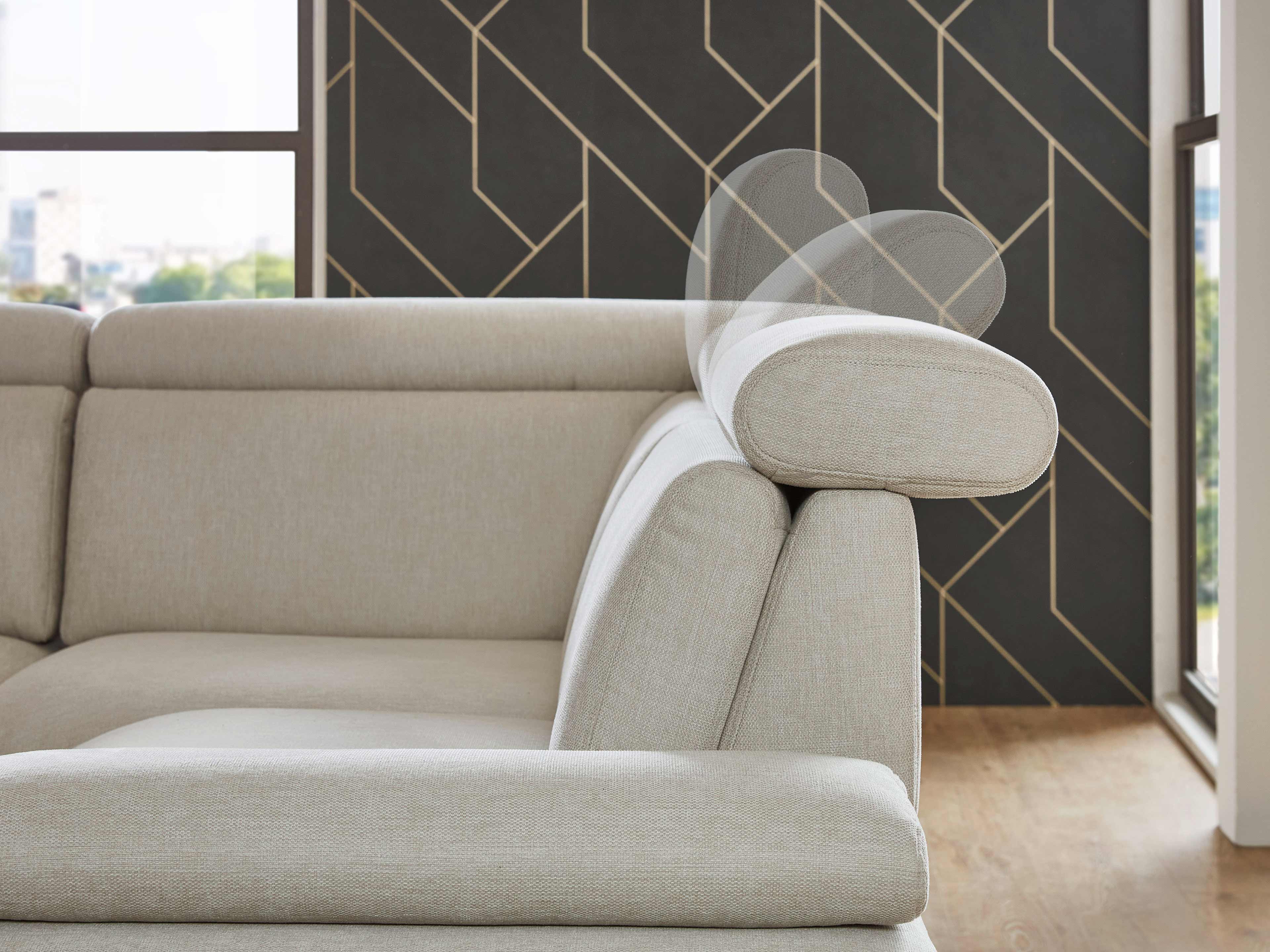 Ecksofa Kabs Polsterwelt mit verstellbarer Kopfstütze, beige Stoffbezug, gepolsterte Armlehne