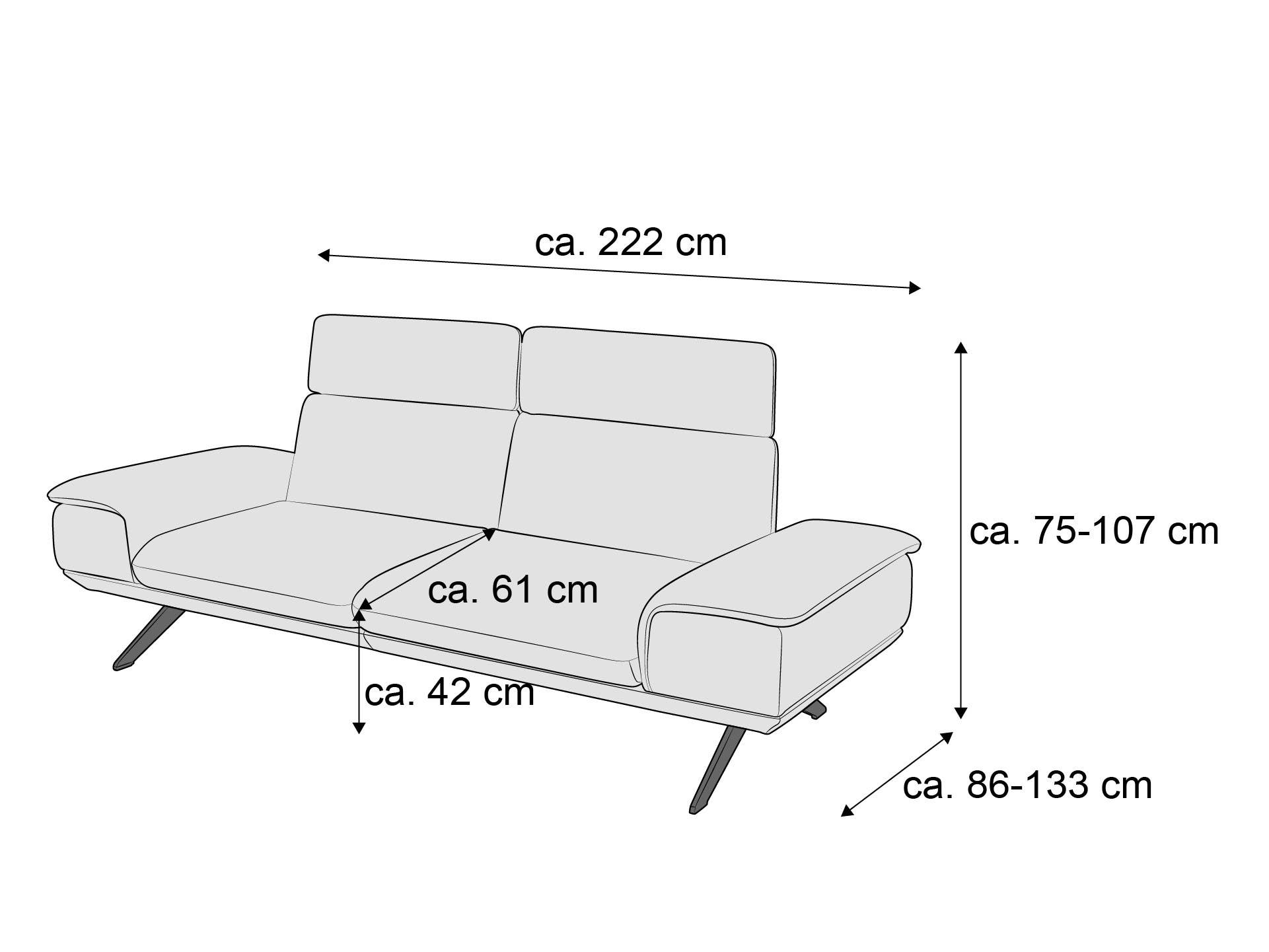 2-Sitzer Sofa mit gepolsterter Sitzfläche, Armlehnen, verstellbaren Rückenlehnen und Metallfüßen