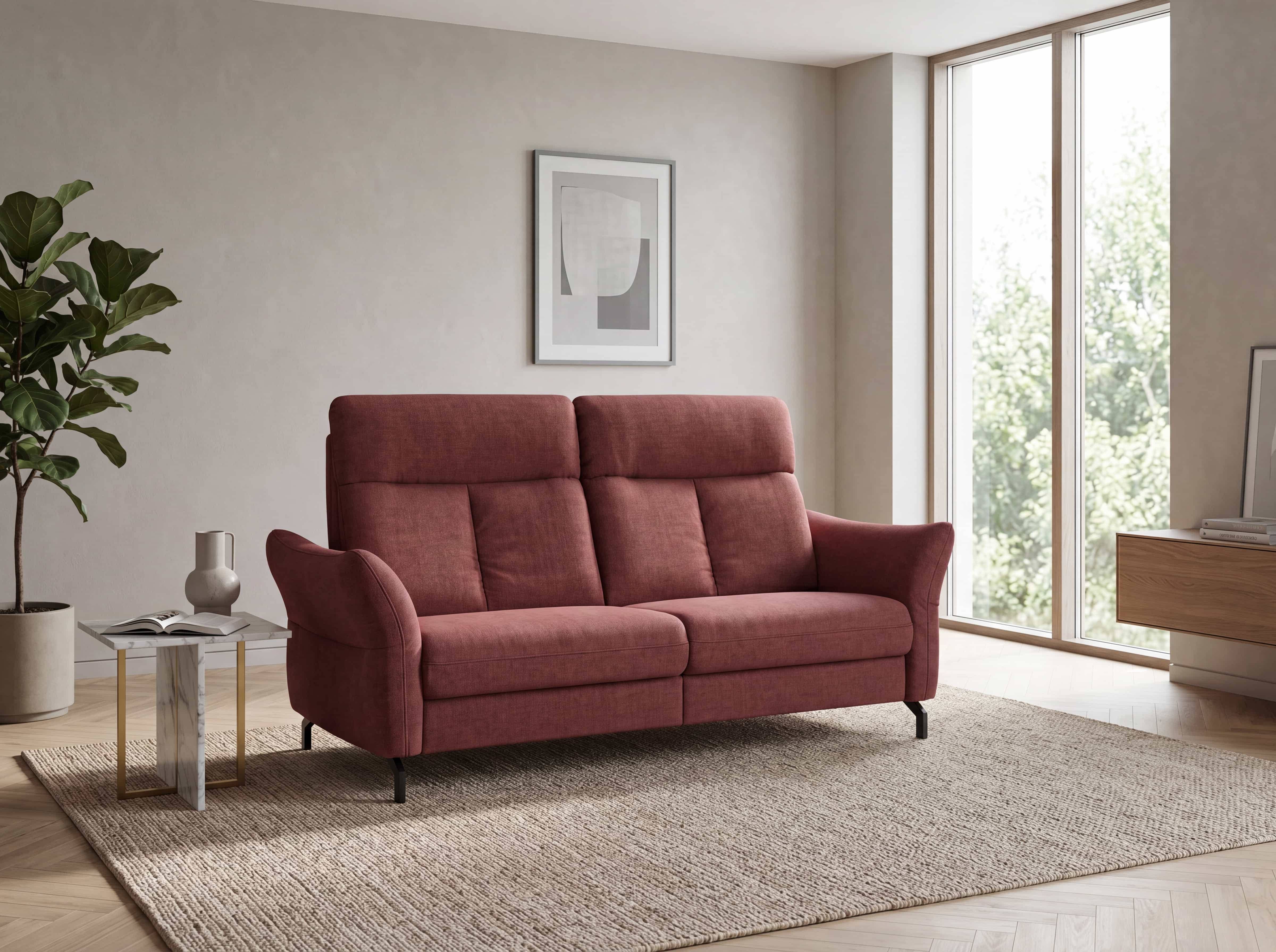 Zweisitzer-Sofa Kabs Polsterwelt mit rotem Stoffbezug, hoher Rückenlehne und schwarzen Füßen