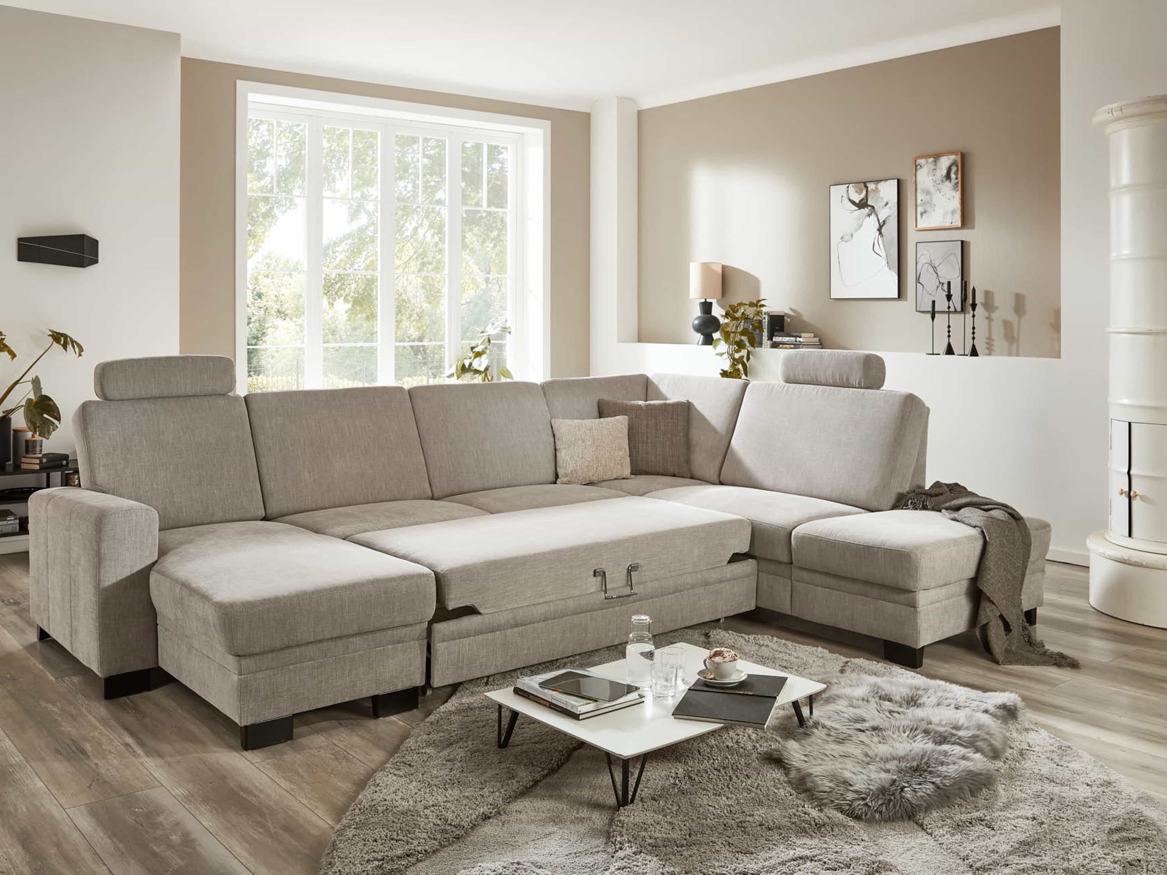 Wohnlandschaft Zoccalia – beige, strukturierter Bezug, U-Form, verstellbare Kopfstützen, Armlehne links